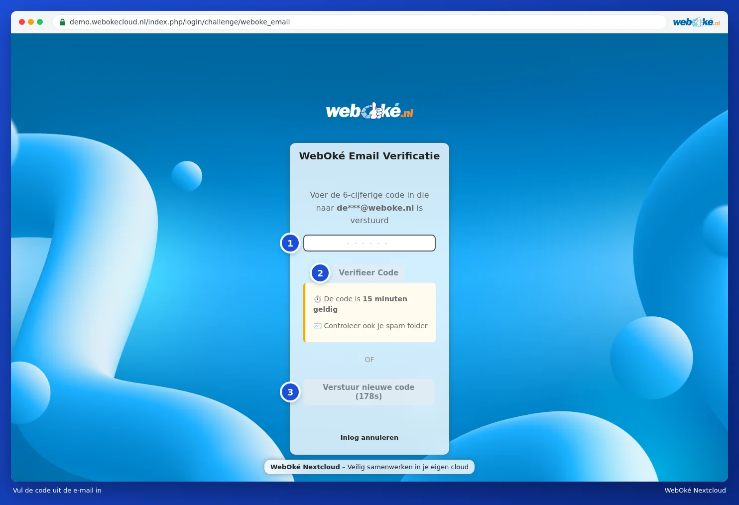 Zaslon s kodo s poljem za šestmestno kodo, gumbom Overi in gumbom Verstuur nieuwe code