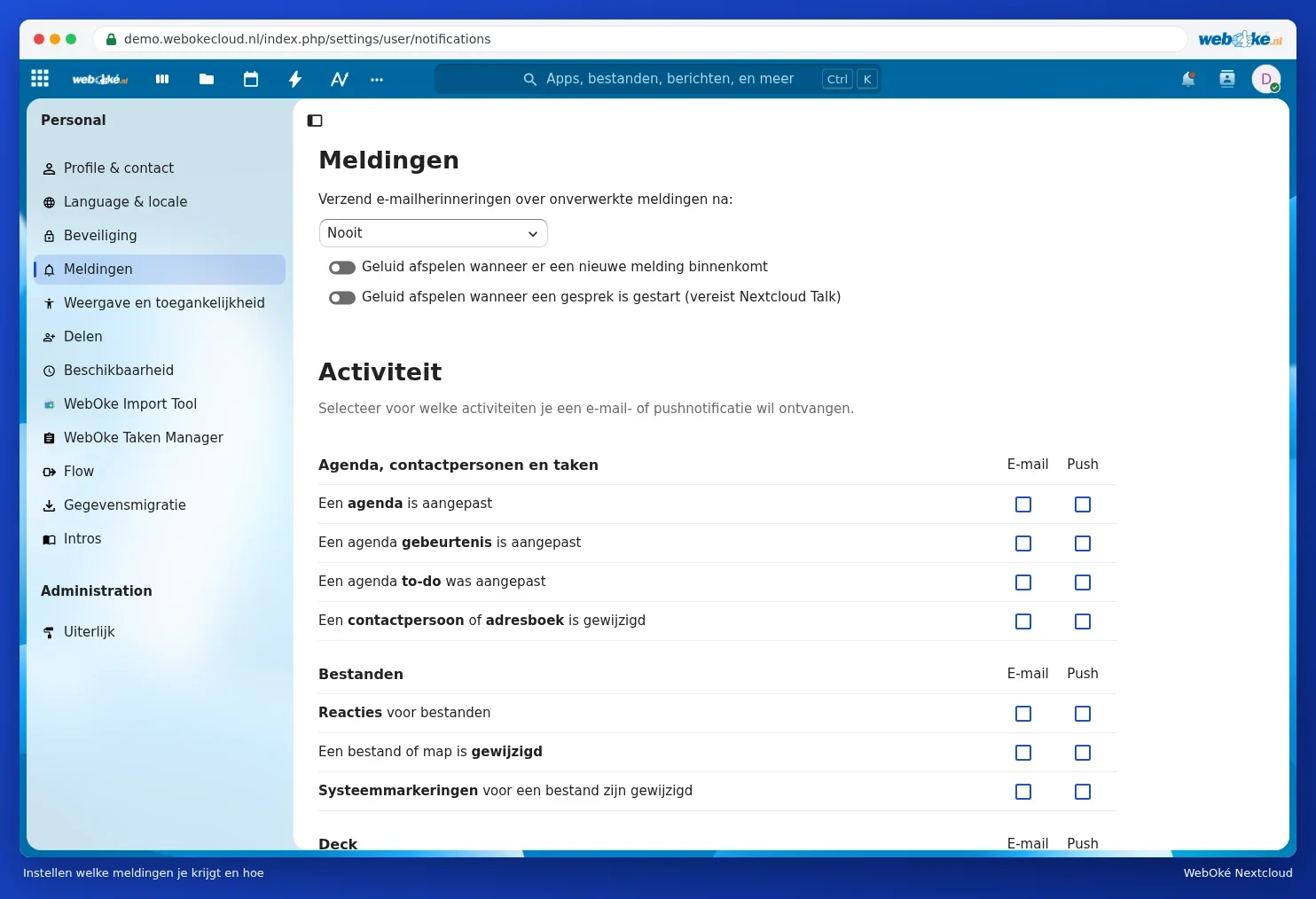 The Notifications page with the choice for email reminders, sound and a table with activities and checkboxes for Email and Push