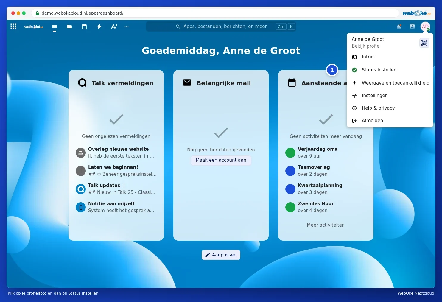The profile menu with Set status highlighted