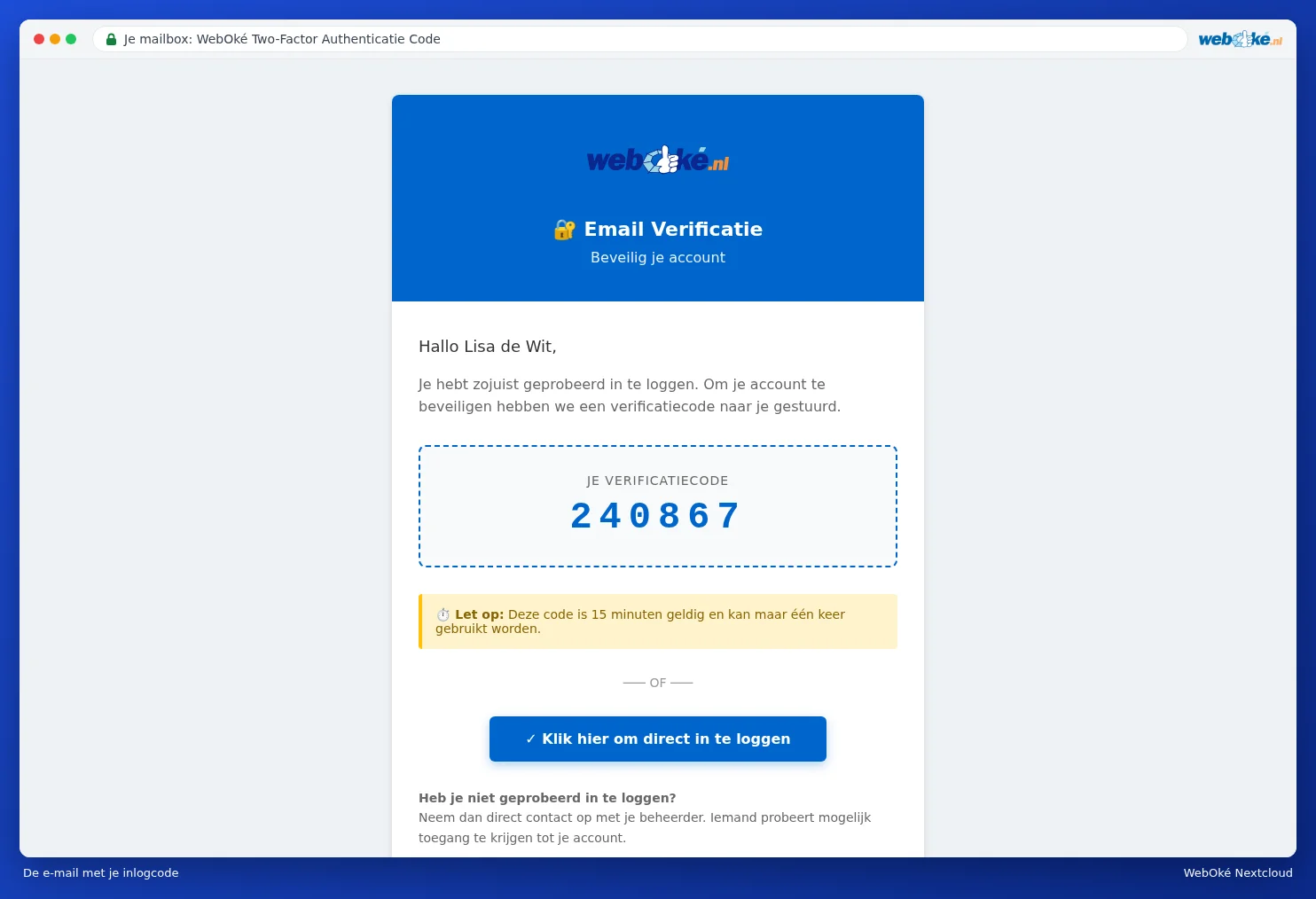E-poštno sporočilo WebOké Nextcloud s kodo za preverjanje in povezavo za neposredno prijavo