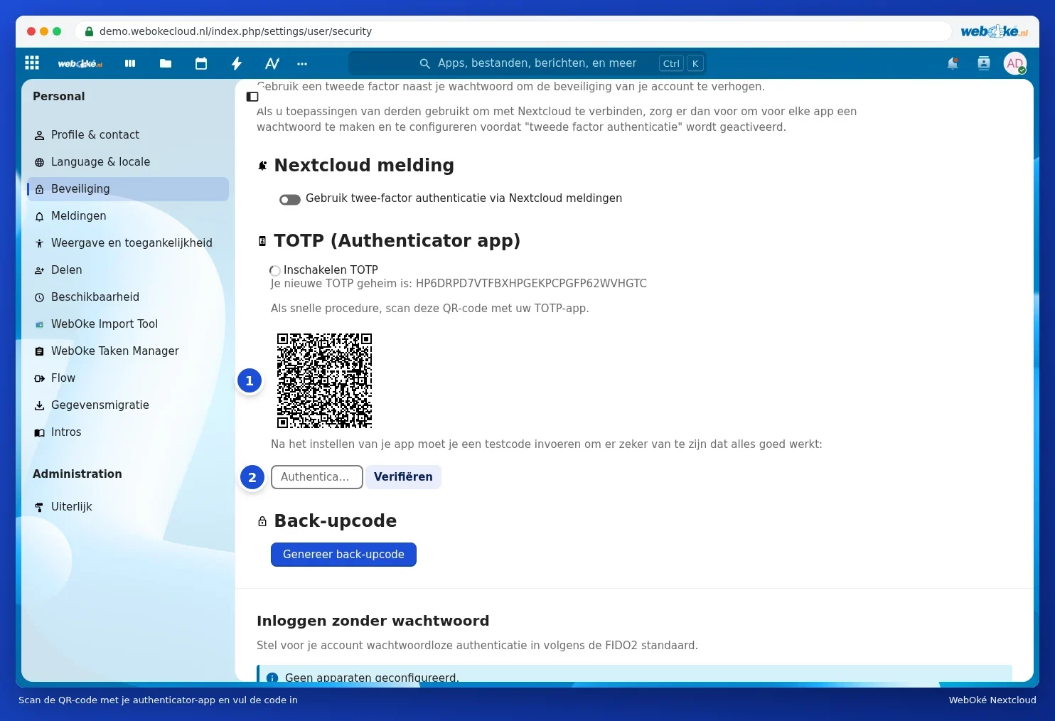 Der QR-Code für die Authenticator-App mit darunter dem Feld zur Eingabe des Codes zur Kontrolle