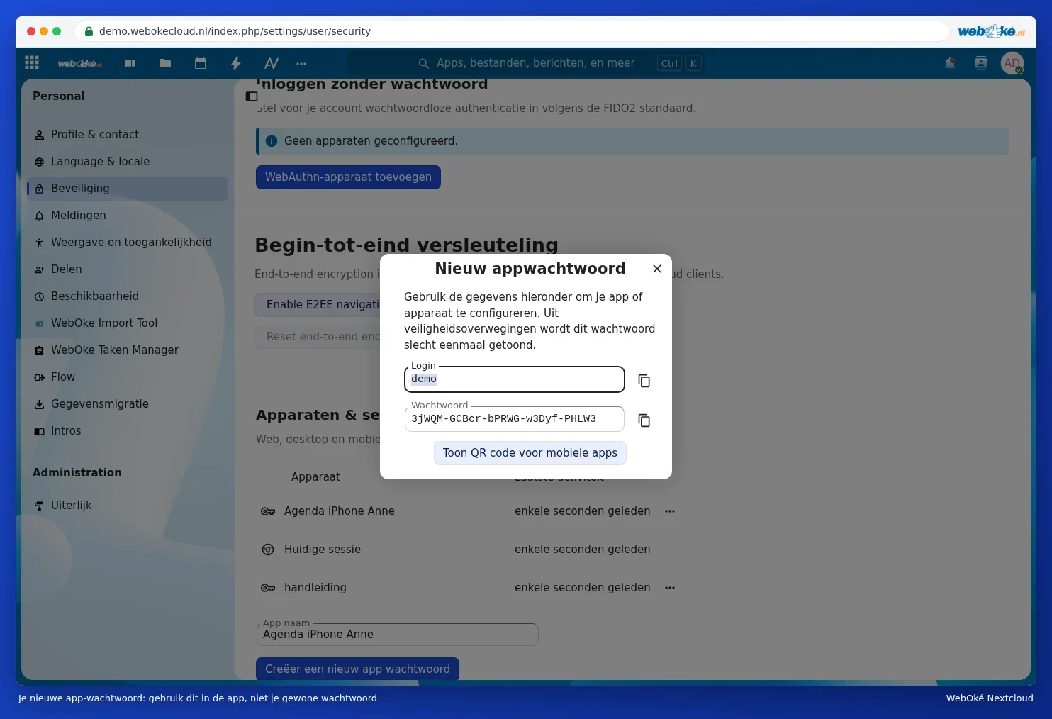 The New app password window with login and password
