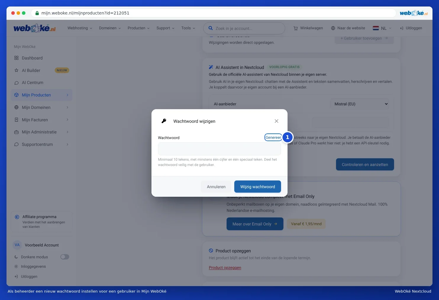 The Change password window in My WebOké with the Password field and the Generate button