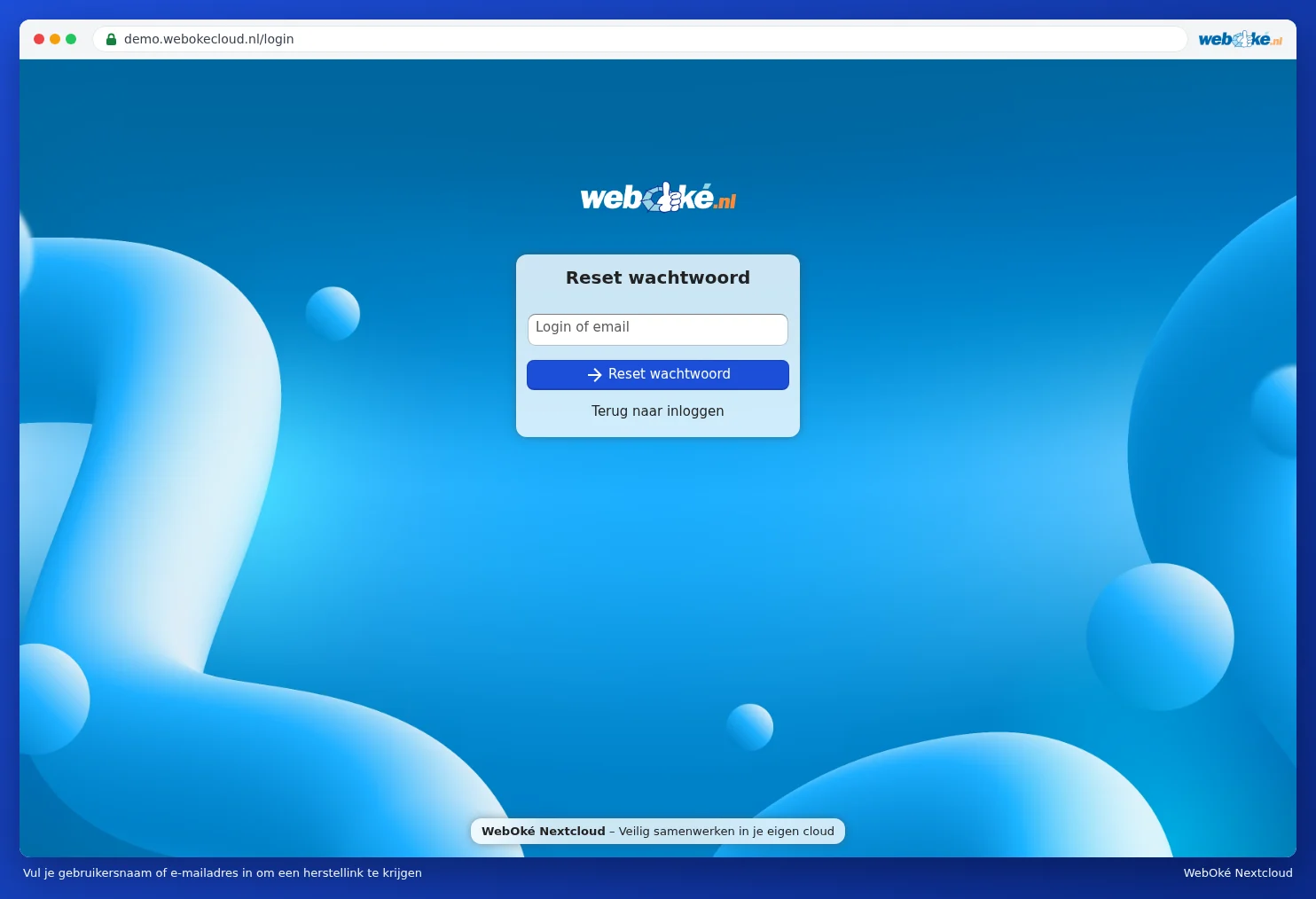 The Reset password screen with the Login or email field and the Reset password button