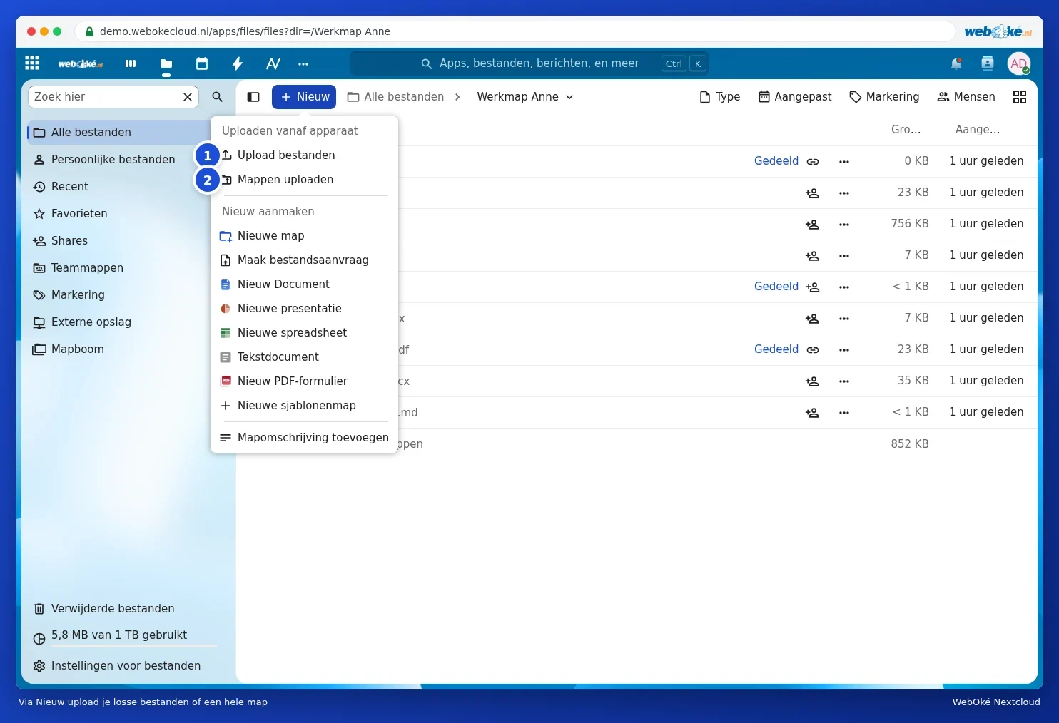 The New menu with Upload files and Upload folders
