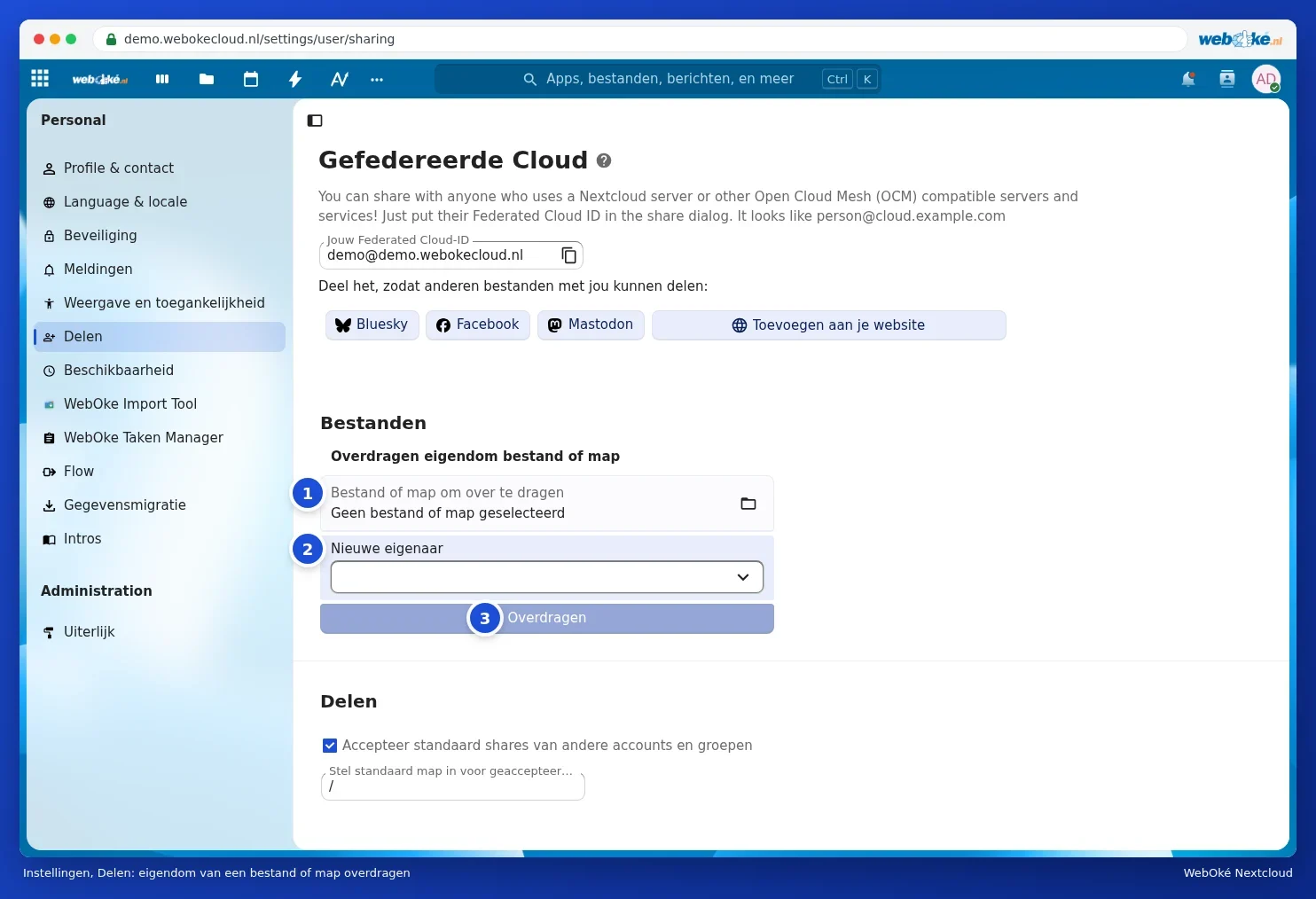 Settings, Sharing with the Files section for transferring ownership