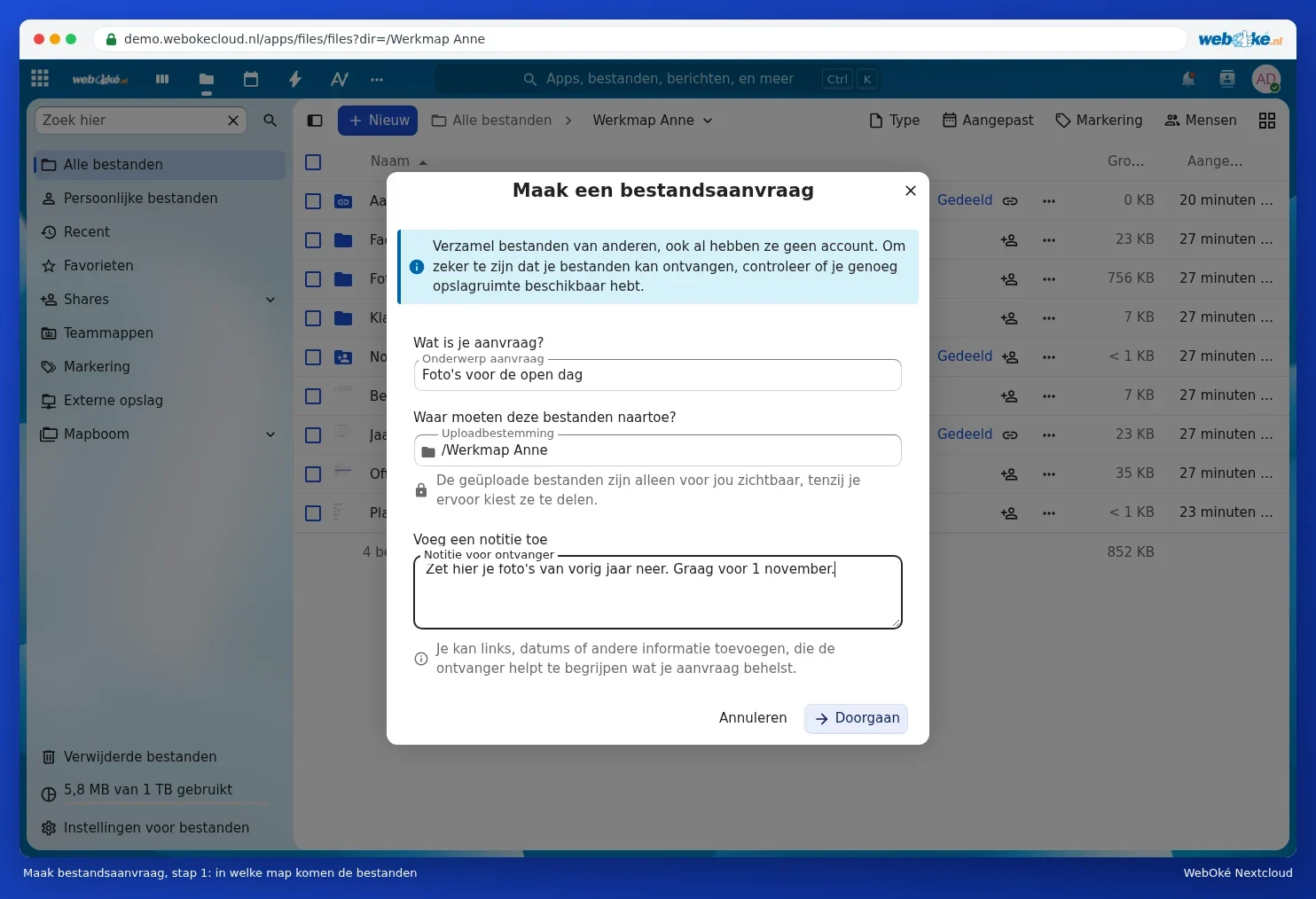 The first step of Create a file request with subject, upload destination and note
