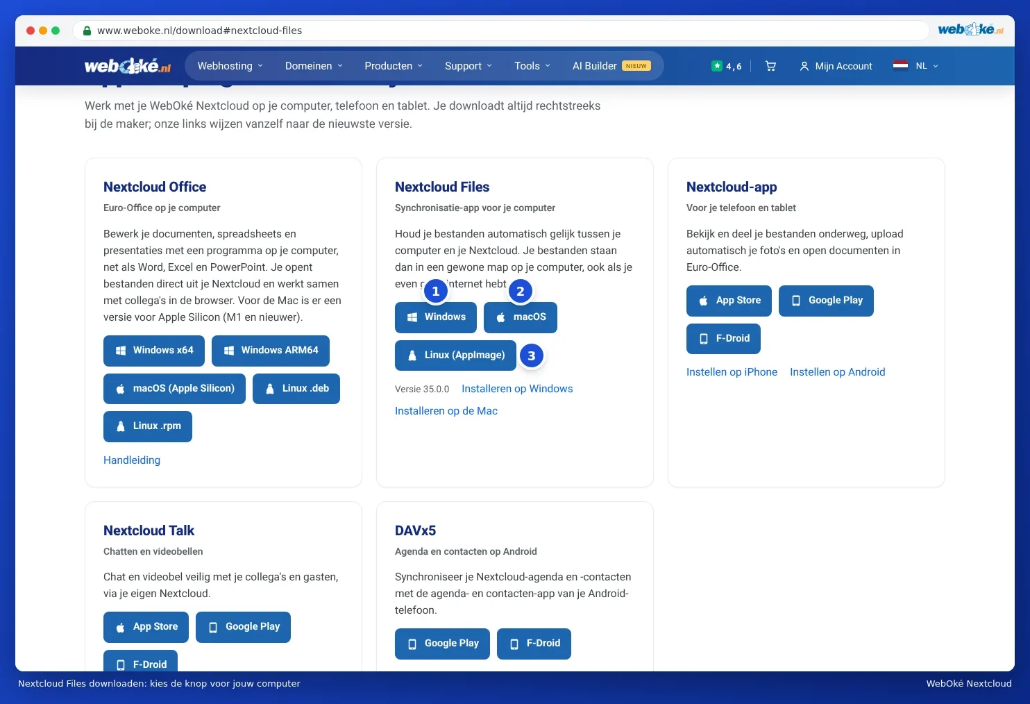 The download buttons for Nextcloud Files on the WebOké website
