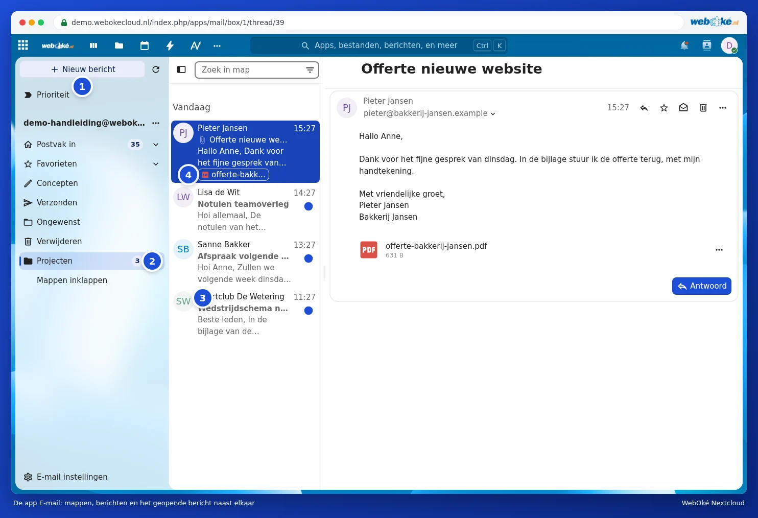 The Email app with folders, a message list and an open message