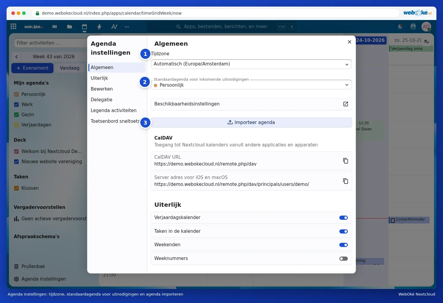 The Calendar settings window with time zone, default calendar and Import calendar