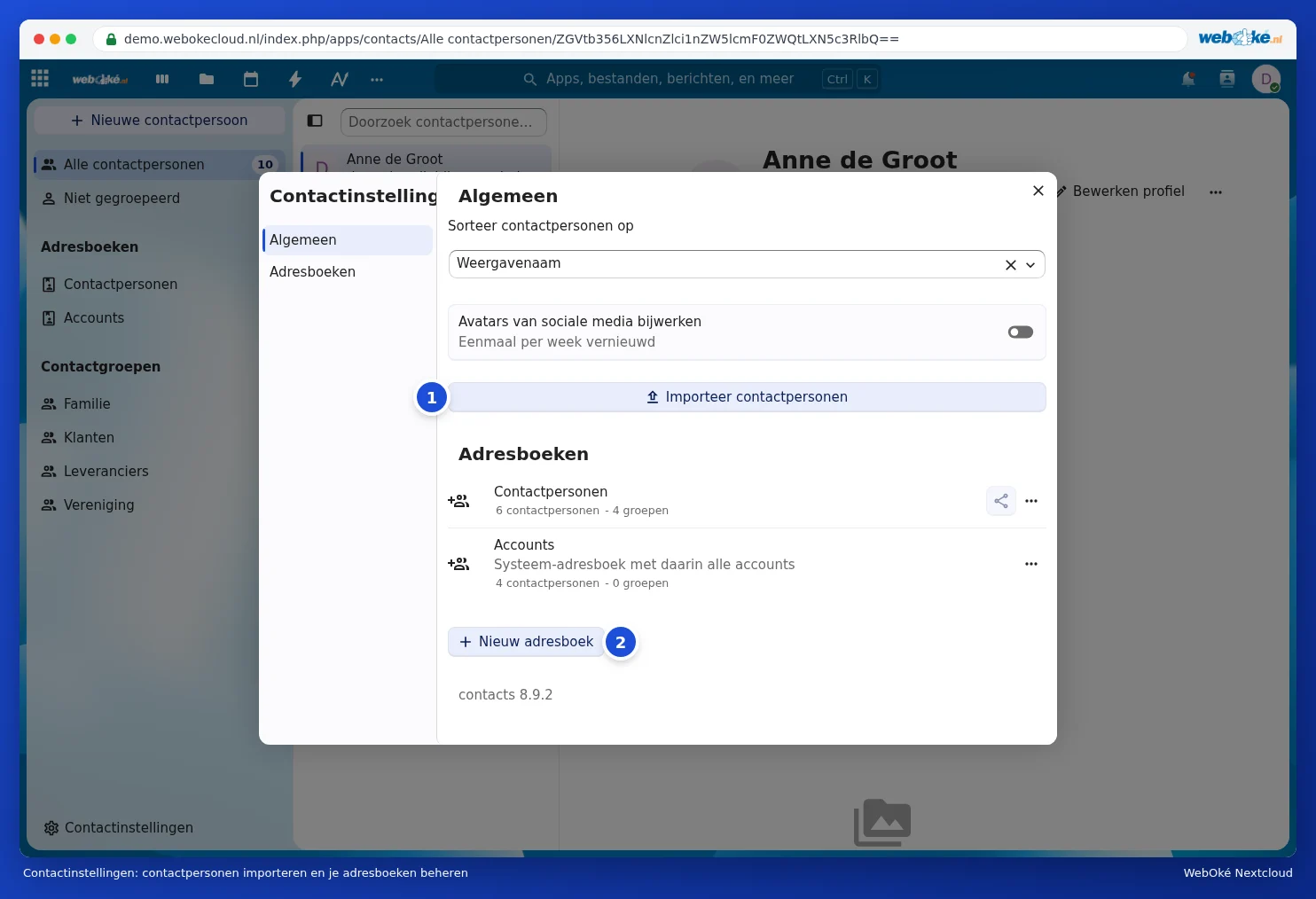 The Contacts settings window with Import contacts and the address books