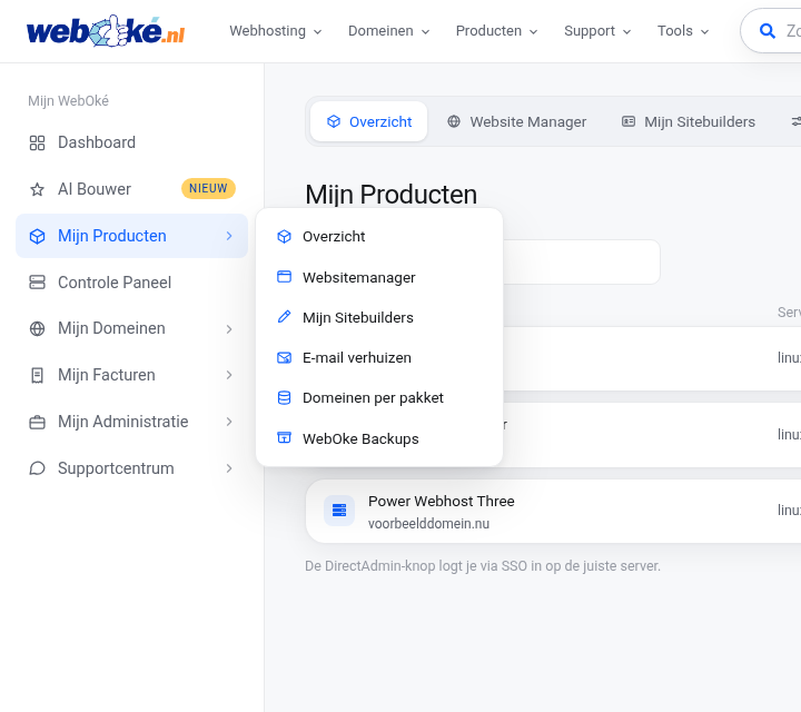 Het zijmenu van Mijn WebOké met het submenu van Mijn Producten open en onderaan de keuze WebOke Backups