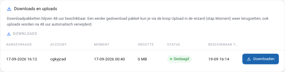 Het overzicht Downloads en uploads met een downloadpakket met datum, account, moment, grootte, status, de datum tot wanneer het beschikbaar is en de knop Downloaden