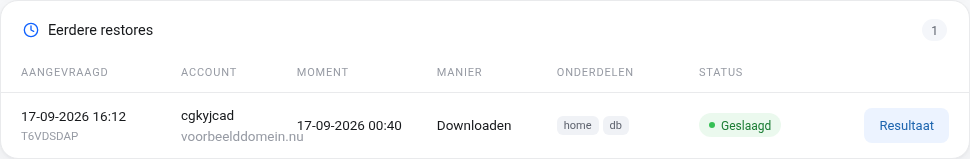 De lijst Eerdere restores met per restore de datum en restorecode, het account, het moment, de manier, de onderdelen, de status en de knop Resultaat