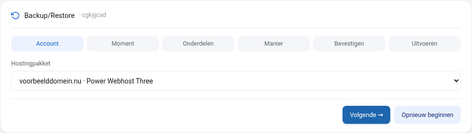 Stap Account: de keuzelijst Hostingpakket met het gekozen pakket en de knoppen Volgende en Opnieuw beginnen