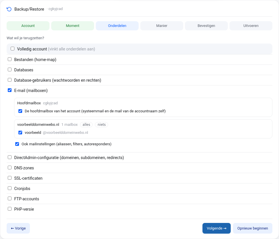Stap Onderdelen met E-mail aangevinkt: de hoofdmailbox, per domein de mailboxen met een vinkje per mailbox en de optie Ook mailinstellingen