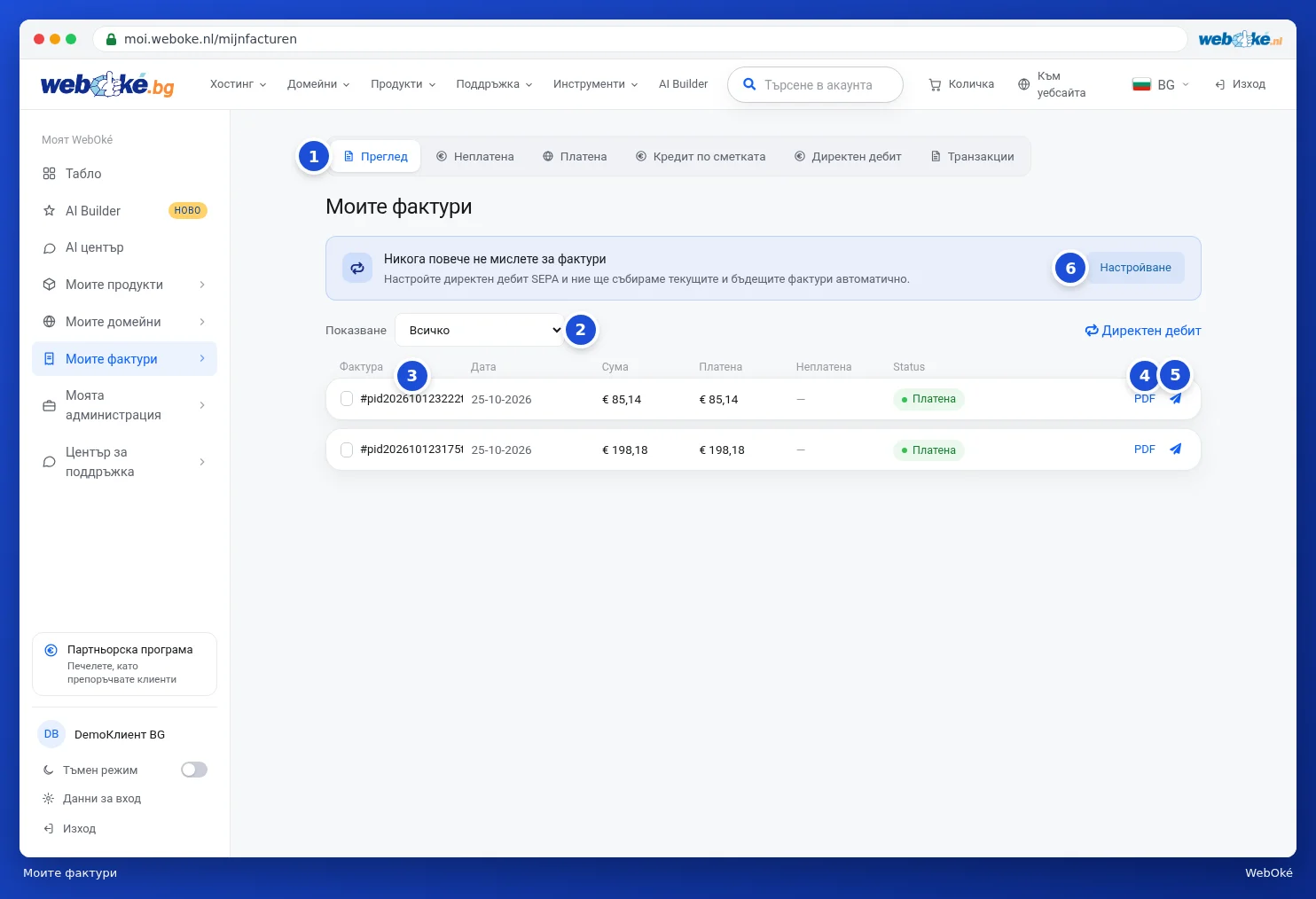 Обобщението Моите фактури с раздели, филтър и фактура