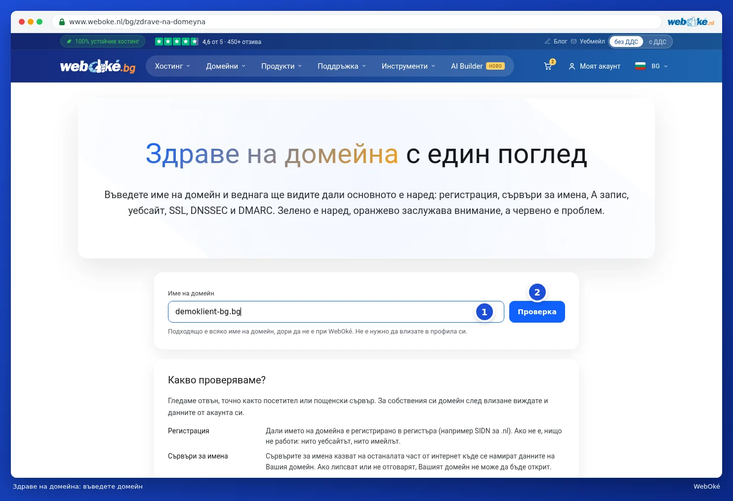 Страницата Здраве на домейна с въведено име на домейн и бутона Проверете