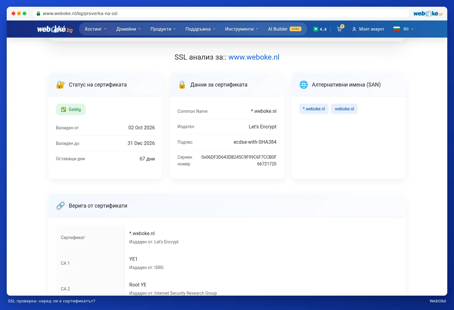 Резултатът от SSL проверката за www.weboke.nl със статус, данни, алтернативни имена и веригата