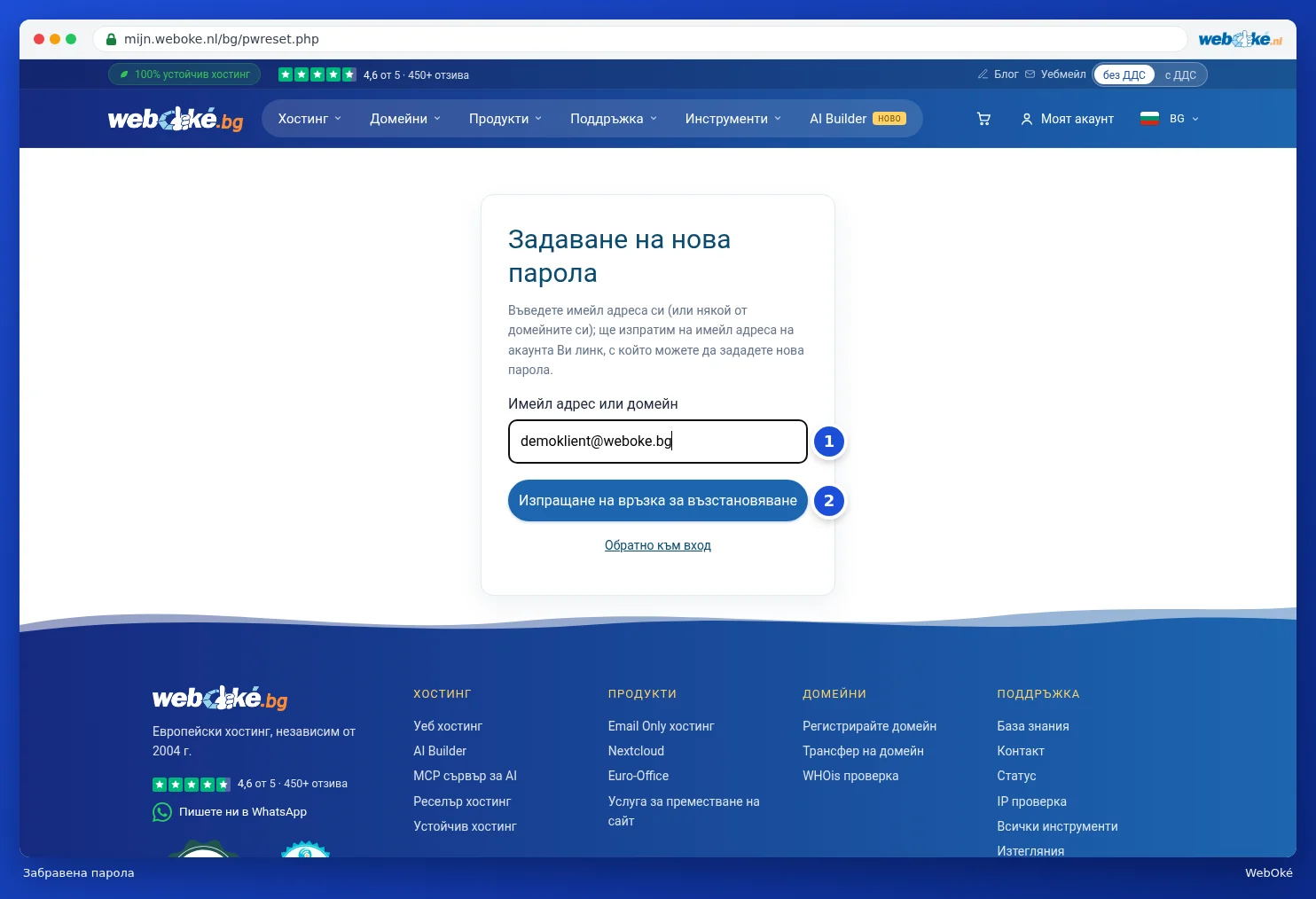 Екранът Задаване на нова парола с полето Имейл адрес или домейн име