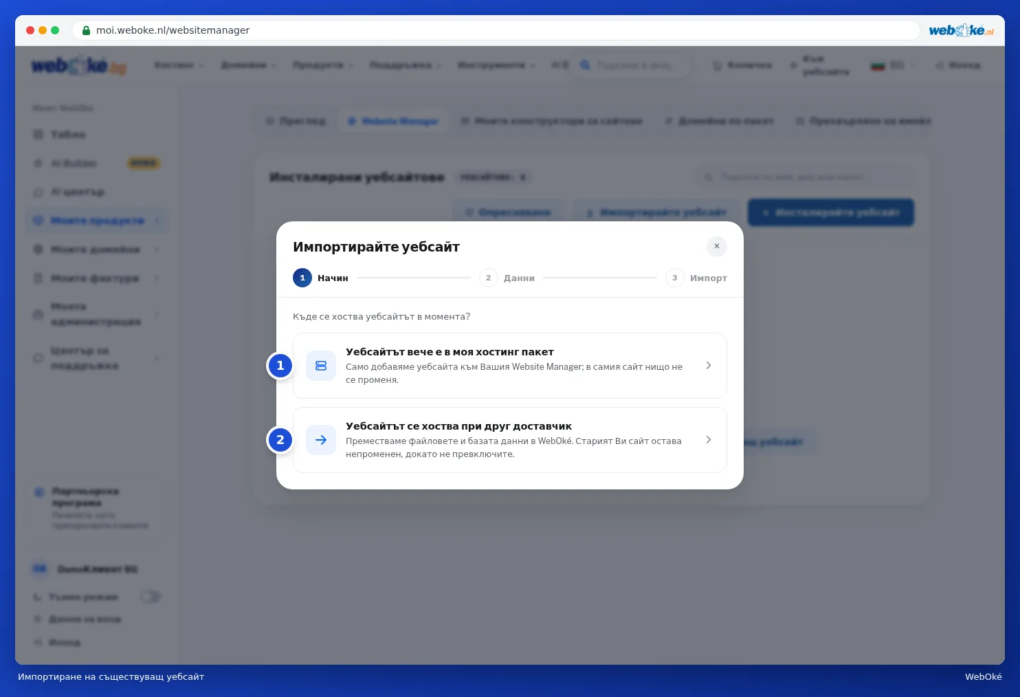 Прозорецът Импортирайте уебсайт с двете възможности за избор