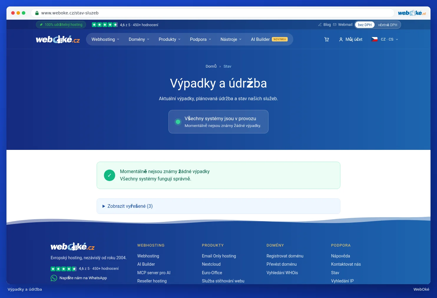 Stránka Výpadky a údržba