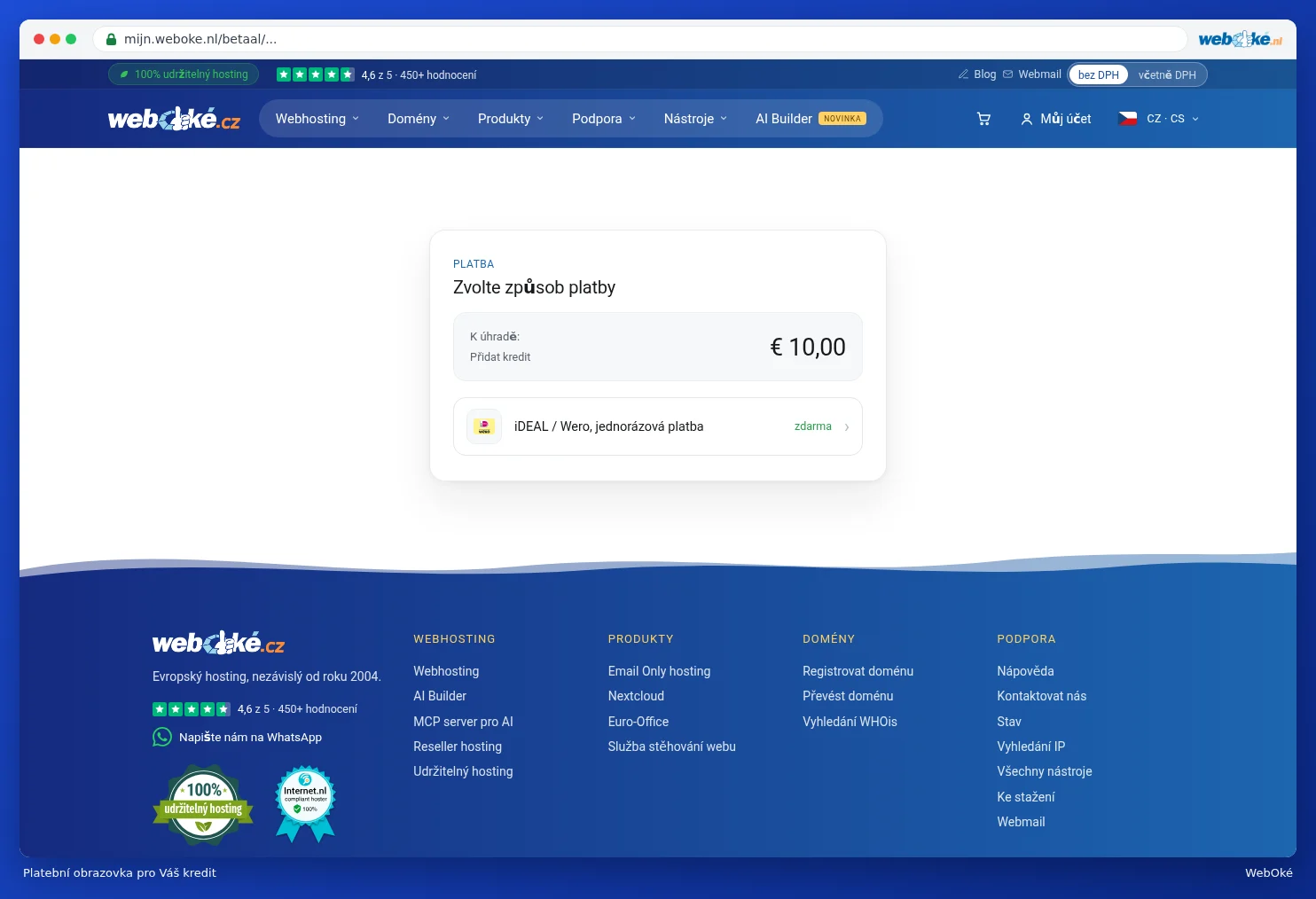 Platební obrazovka pro přidání kreditu s částkou a iDeal