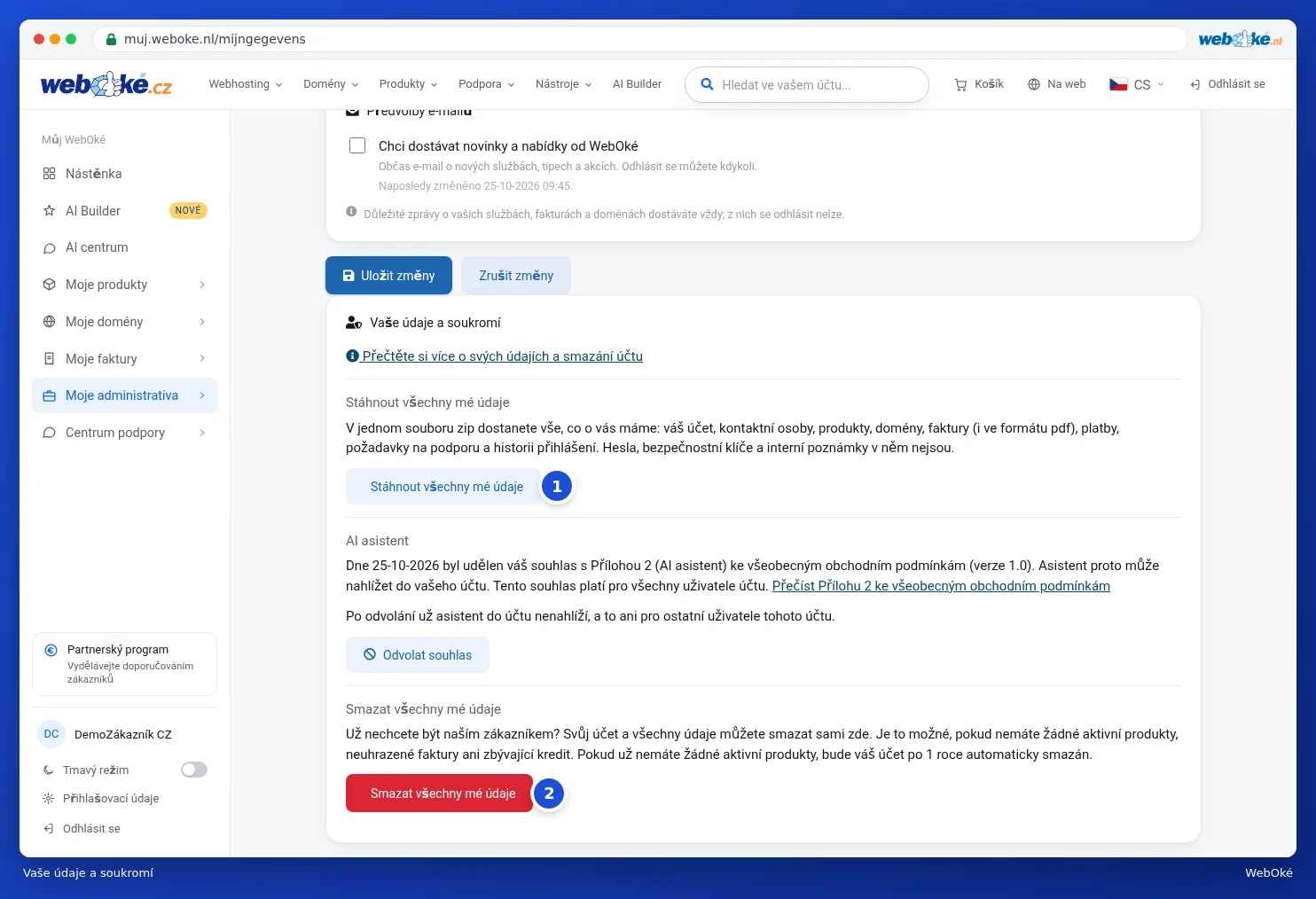 Blok Vaše údaje a soukromí se stažením, AI asistentem a smazáním