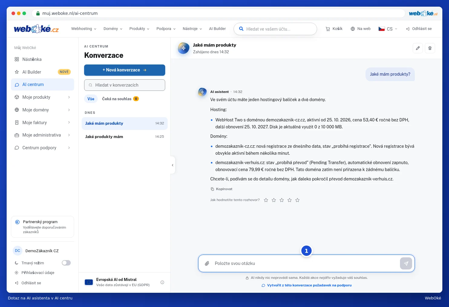 Konverzace v AI centru s dotazem Jaké produkty mám a odpovědí
