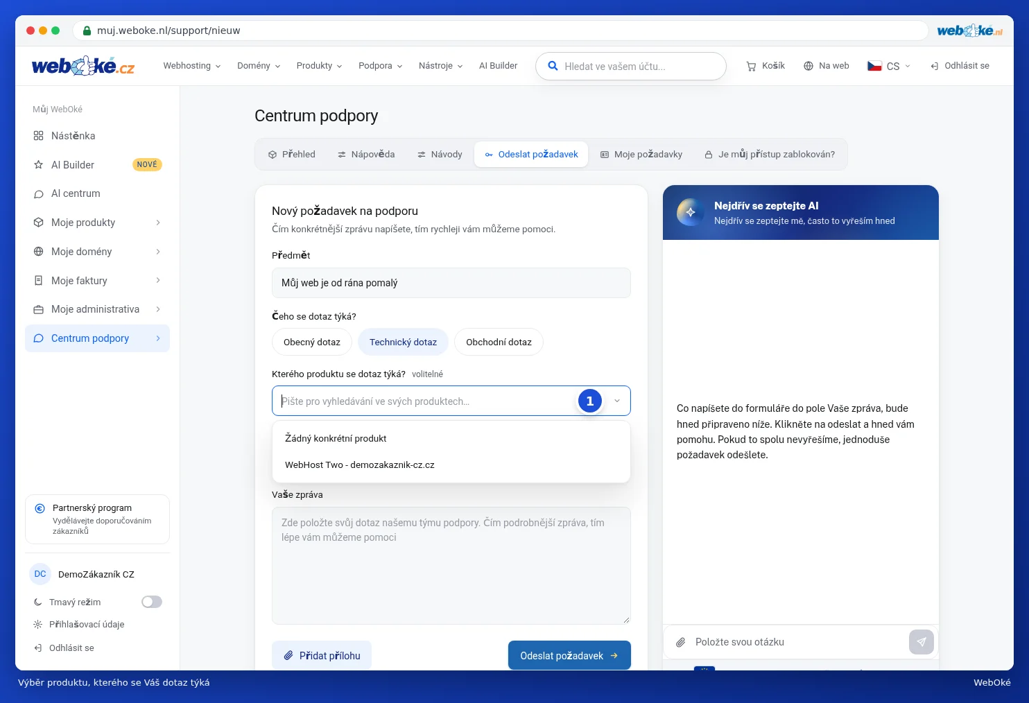Otevřený seznam produktů pod polem Kterého produktu se dotaz týká