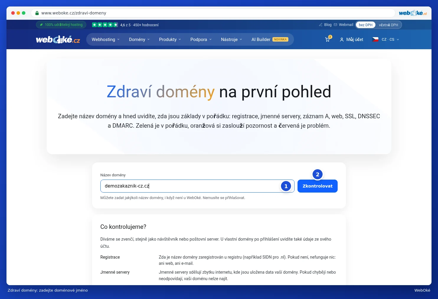 Stránka Zdraví domény s vyplněným doménovým jménem a tlačítkem Zkontrolovat