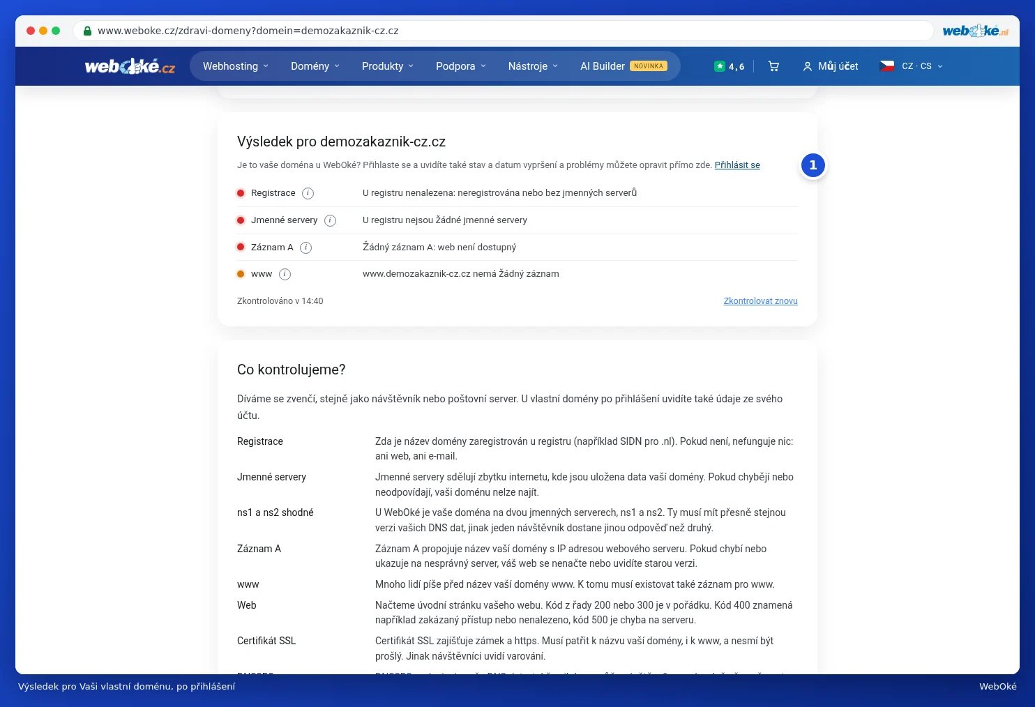 Výsledek pro vlastní doménu ukázkového zákazníka, s řádky o stavu, platnosti, ochranné lhůtě a hostingovém balíčku