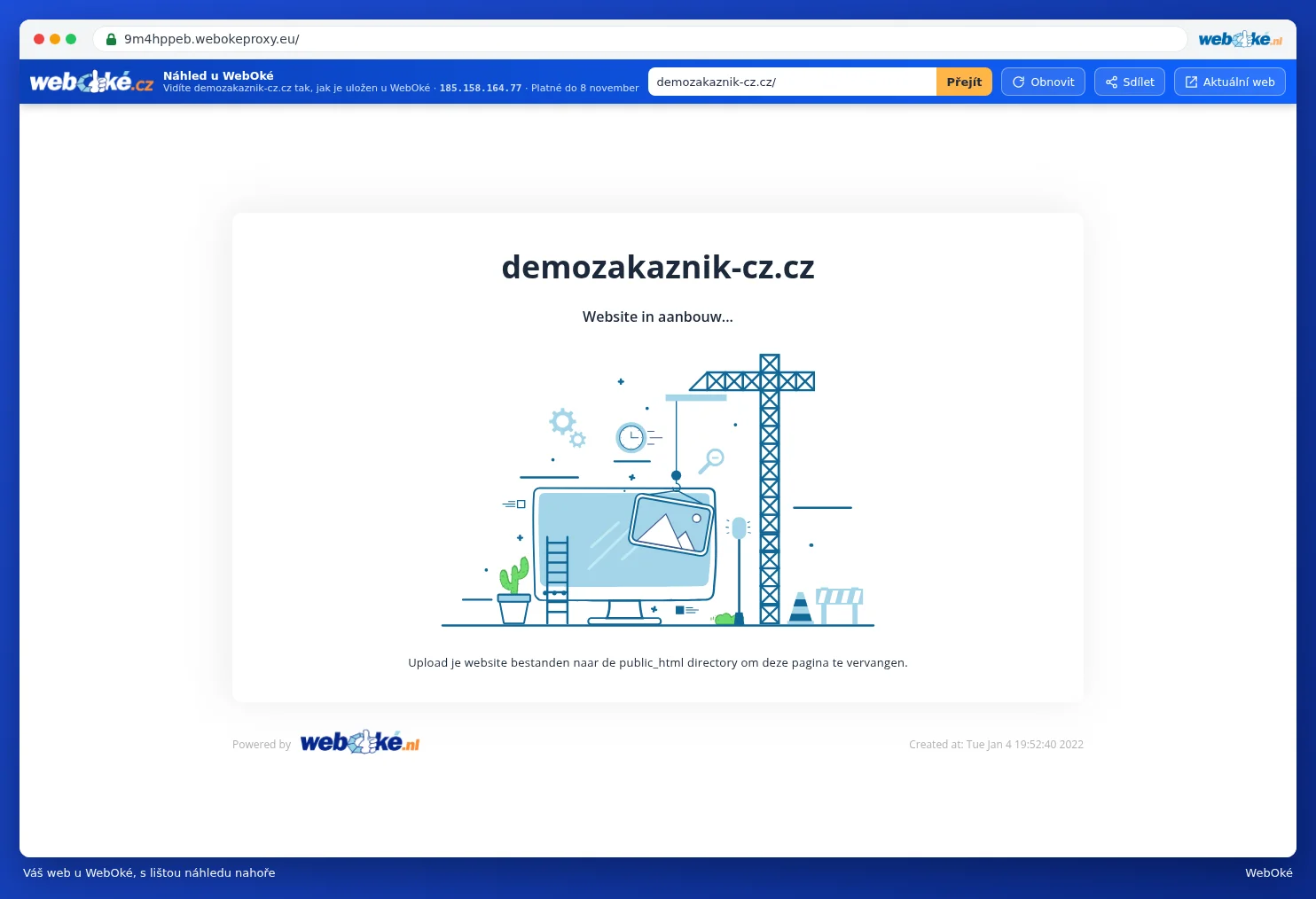Web ukázkového klienta u WebOké s modrým informačním pruhem nahoře
