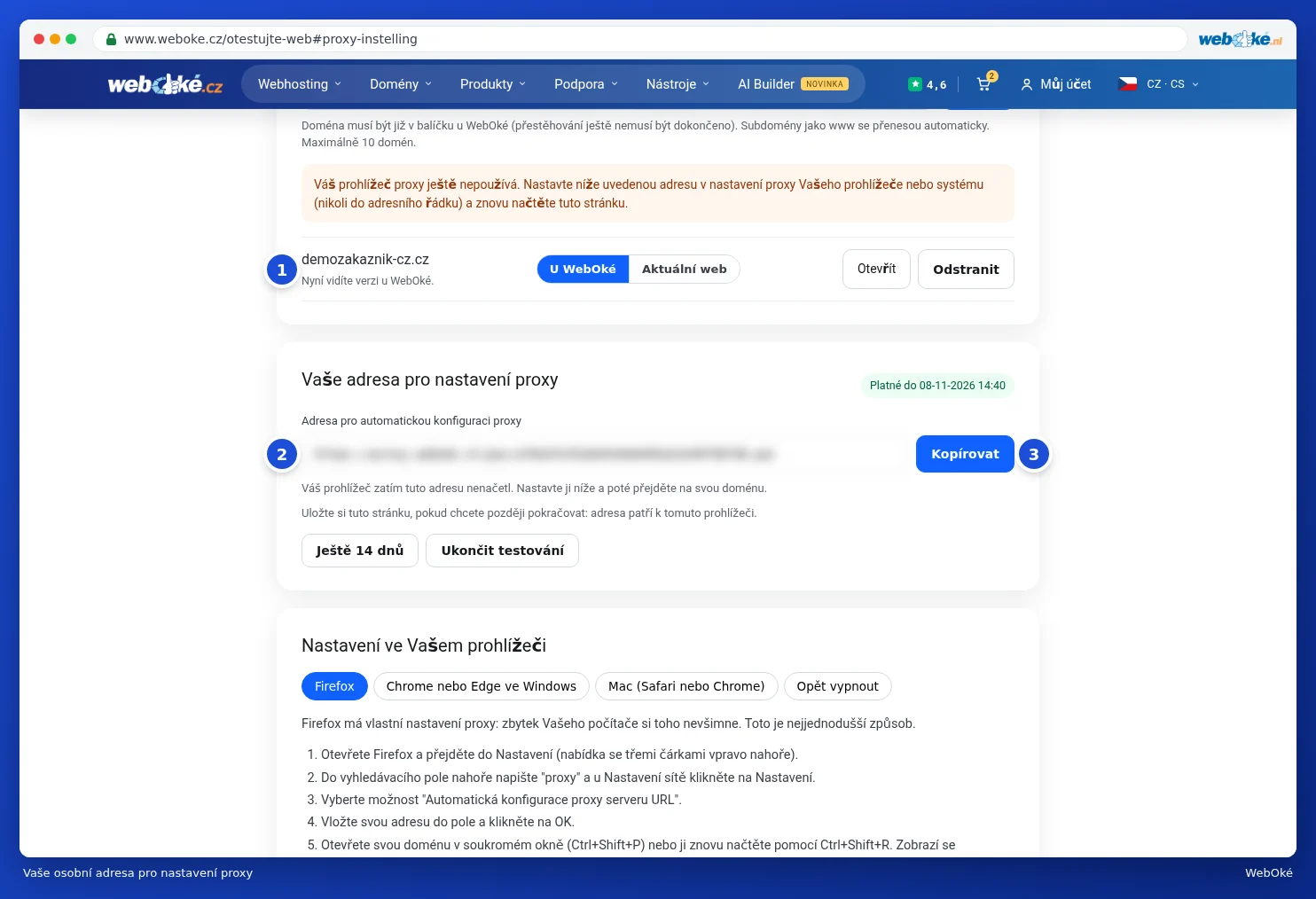 Přidaná doména, osobní proxy adresa s tlačítkem Kopírovat a tlačítky pro prodloužení nebo ukončení