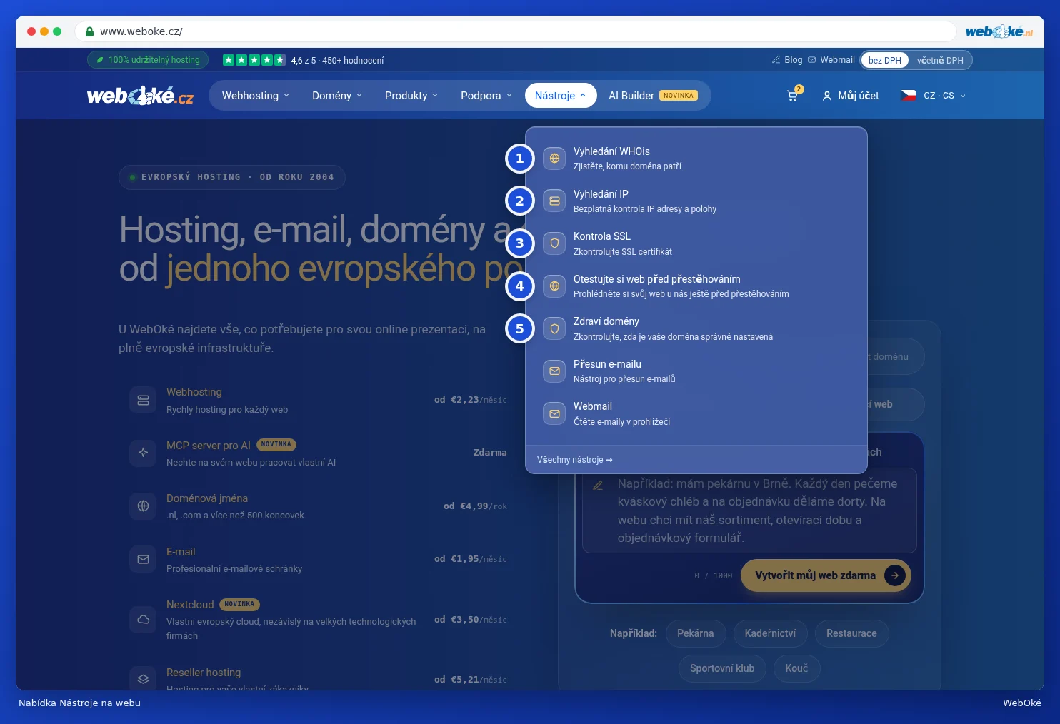 Otevřené menu Nástroje na webu s položkami Vyhledání WHOis, Vyhledání IP, Kontrola SSL, Otestujte si web před přestěhováním a Zdraví domény