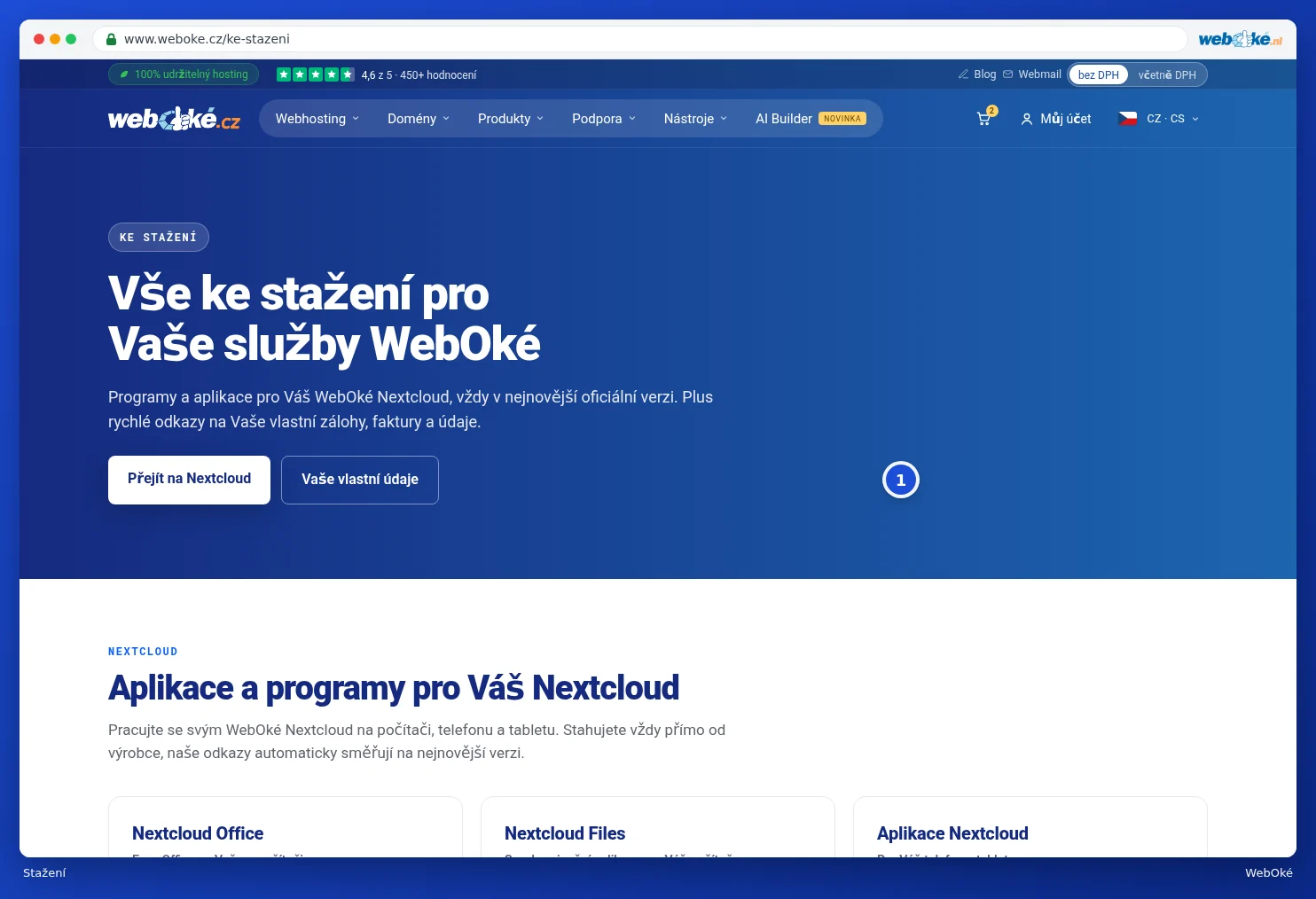 Horní část stránky Stažení s tlačítky Na Nextcloud a Vaše vlastní údaje