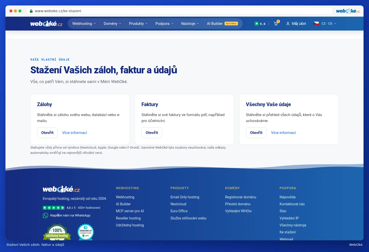 Karty Zálohy, Faktury a Všechny Vaše údaje s tlačítky Otevřít
