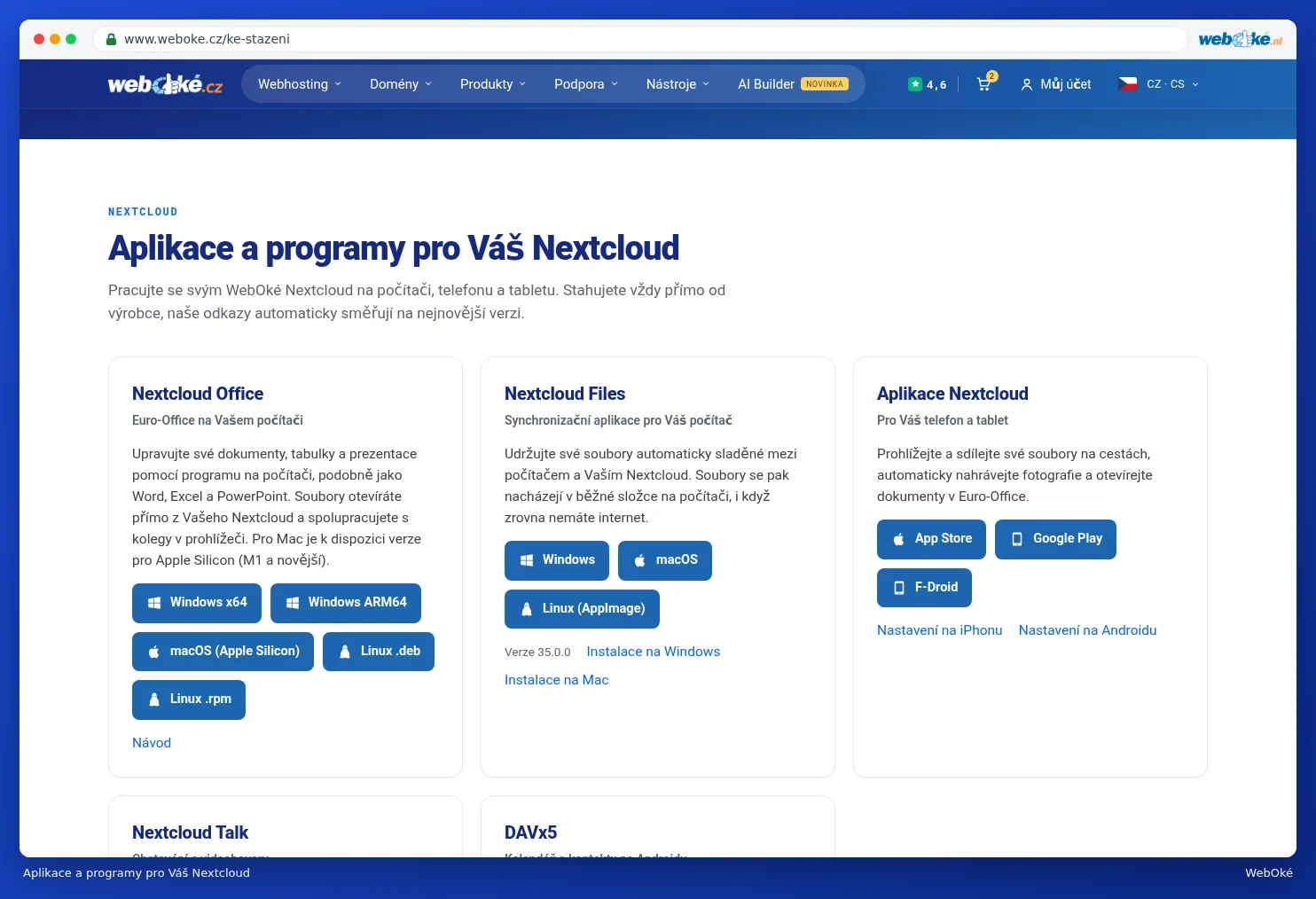 Karty s aplikacemi a programy pro Nextcloud s tlačítky pro stažení podle systému
