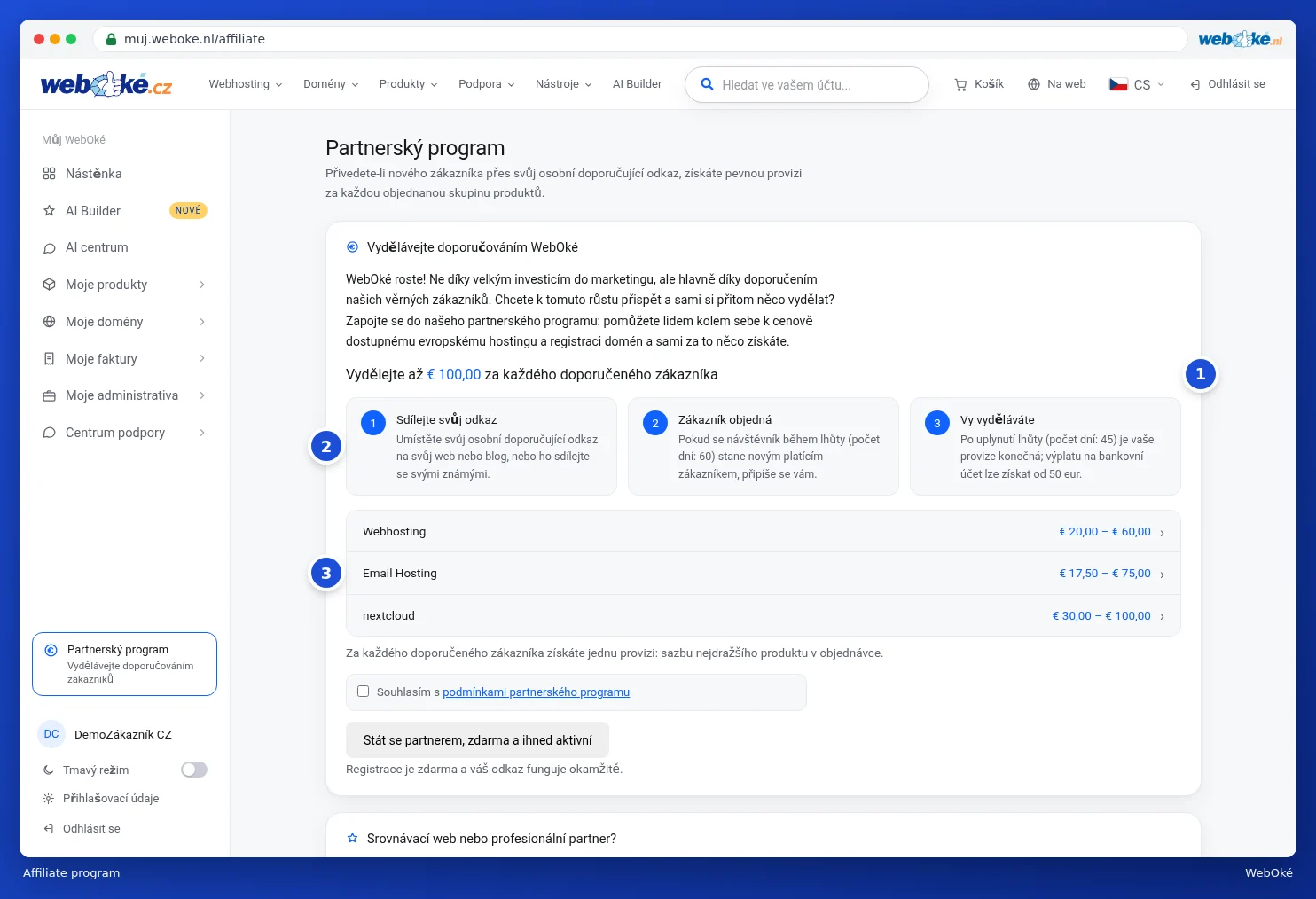 Stránka Partnerský program s vysvětlením, třemi kroky a provizí podle skupiny produktů