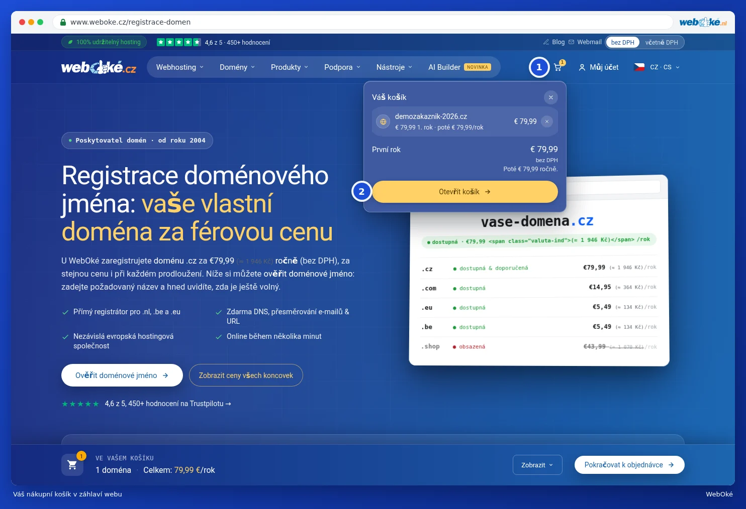 Stručný přehled košíku v hlavičce webu