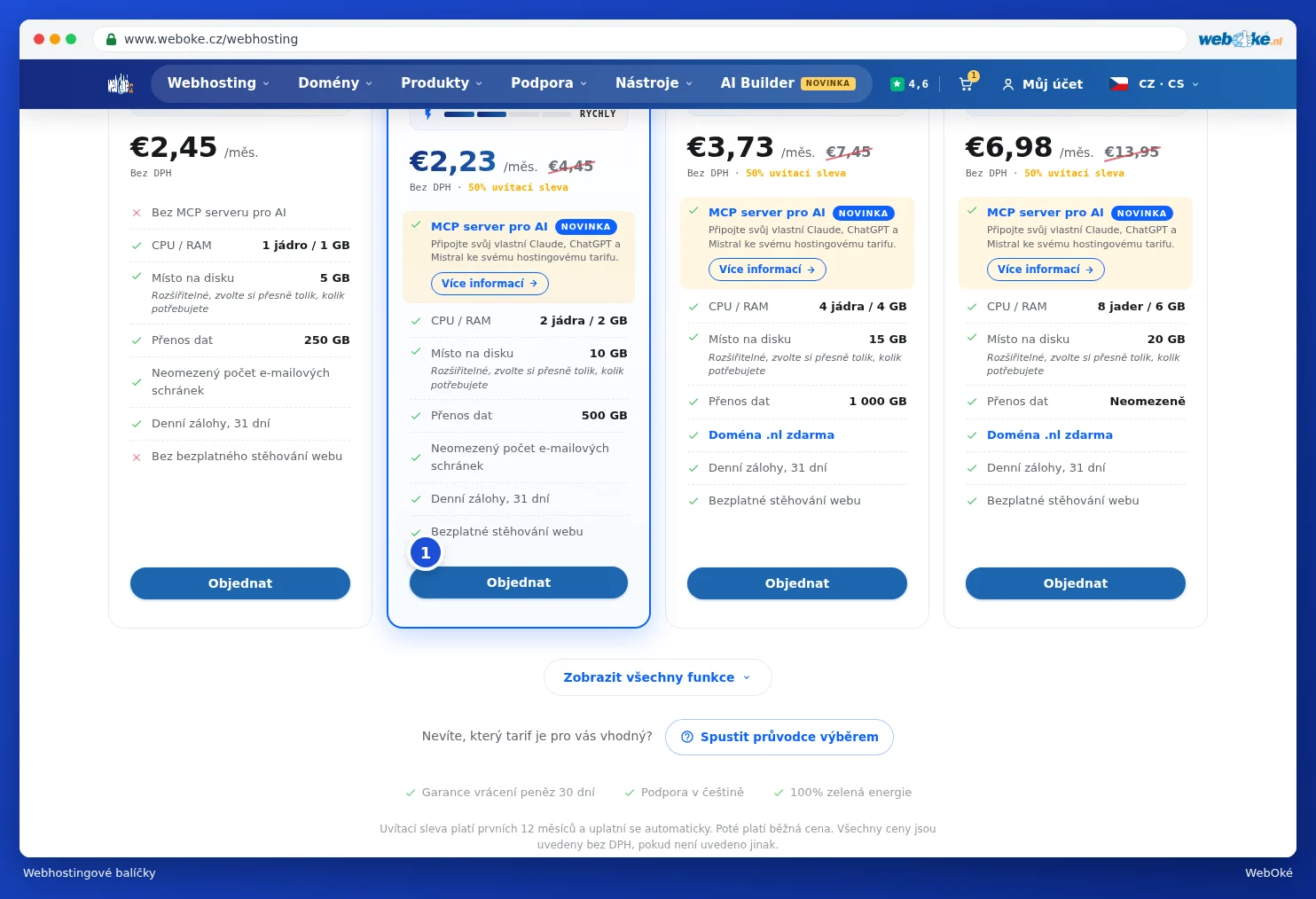 Balíčky webhostingu vedle sebe