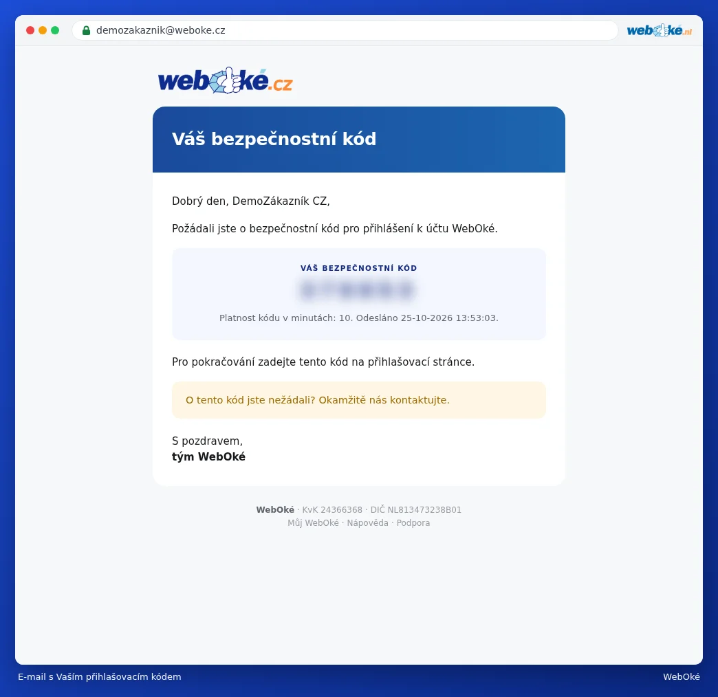 E-mail Váš bezpečnostní kód s kódem o 6 číslicích