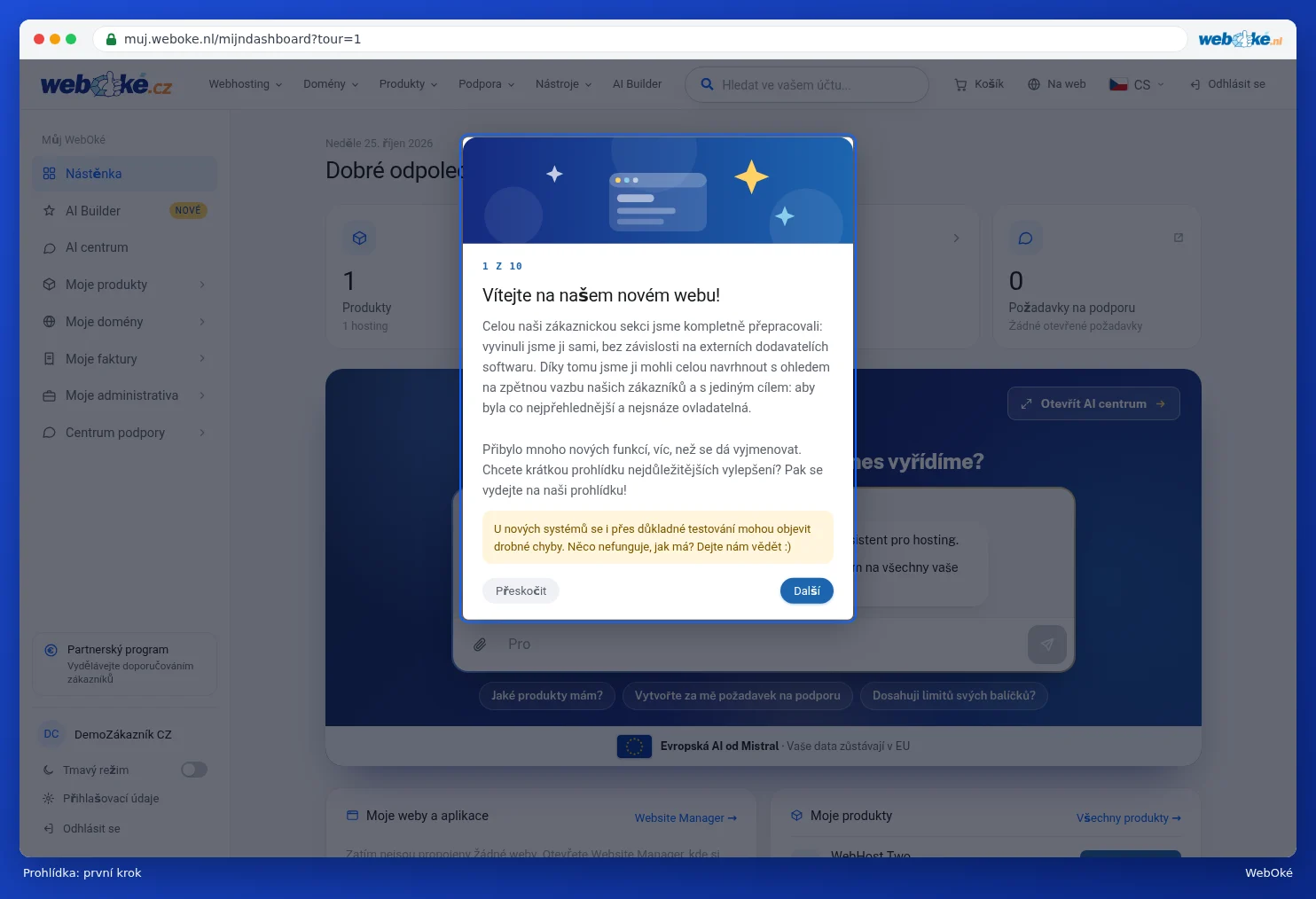 První krok prohlídky: Vítejte na našich nových webových stránkách!