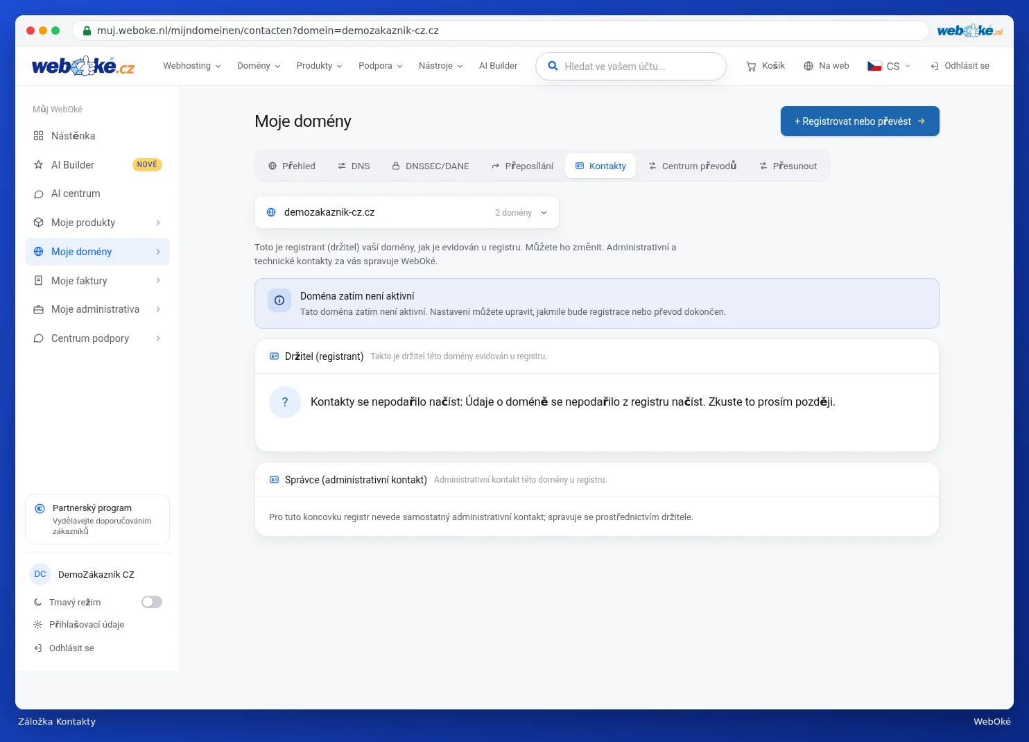 Karta Kontakty s držitelem, správcem a bloky pro propojení jiného kontaktu