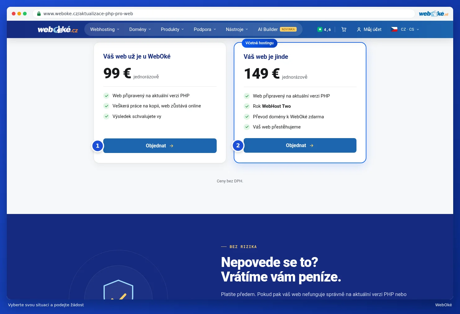 Dvě možnosti na stránce Upgrade PHP s tlačítky Objednat