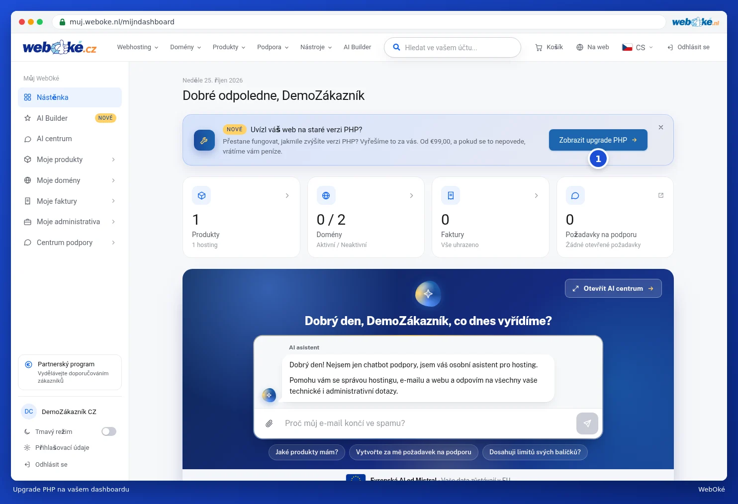 Upozornění na upgrade PHP v horní části dashboardu