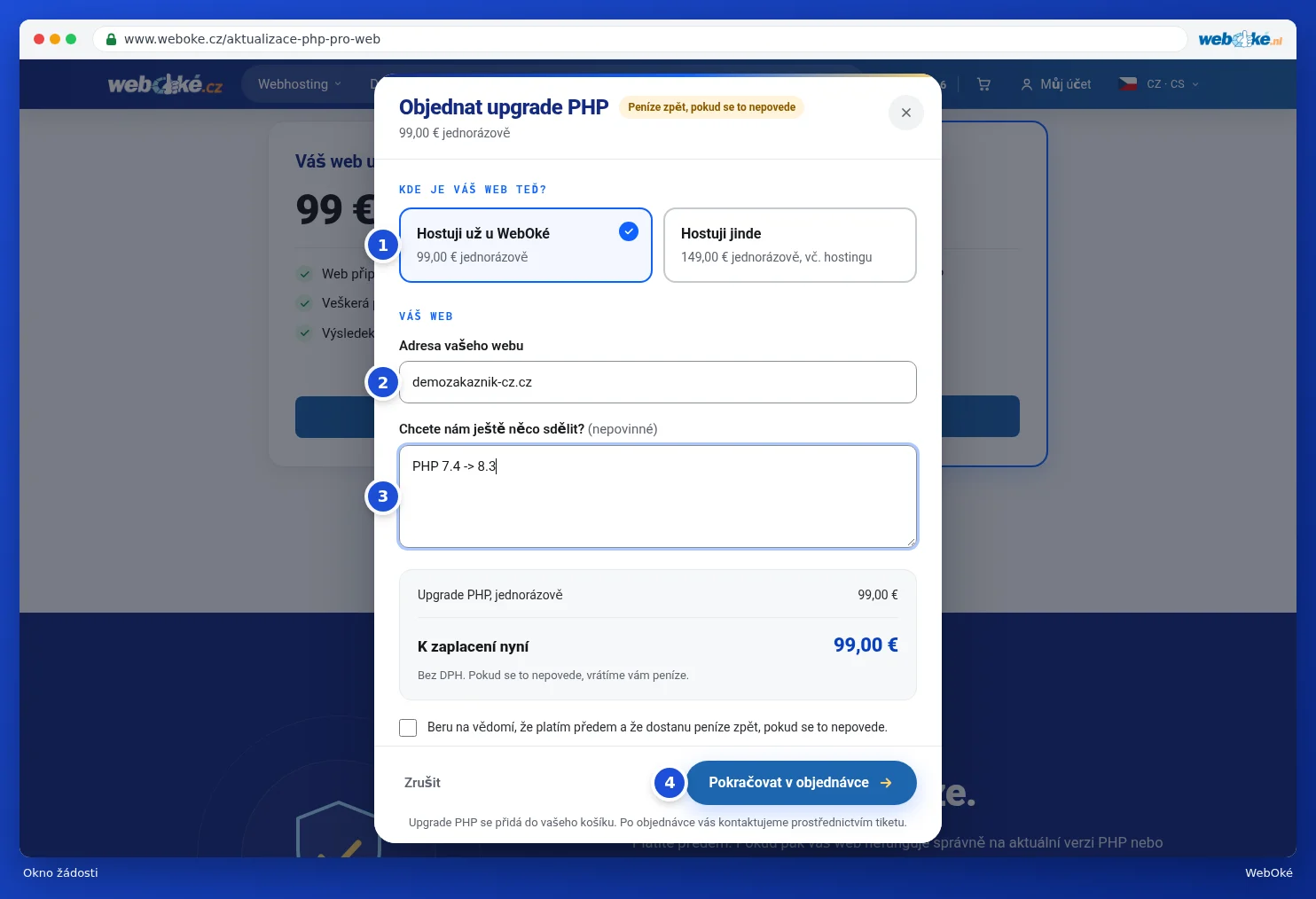 Okno Objednat upgrade PHP s volbou, adresou webu a vysvětlením