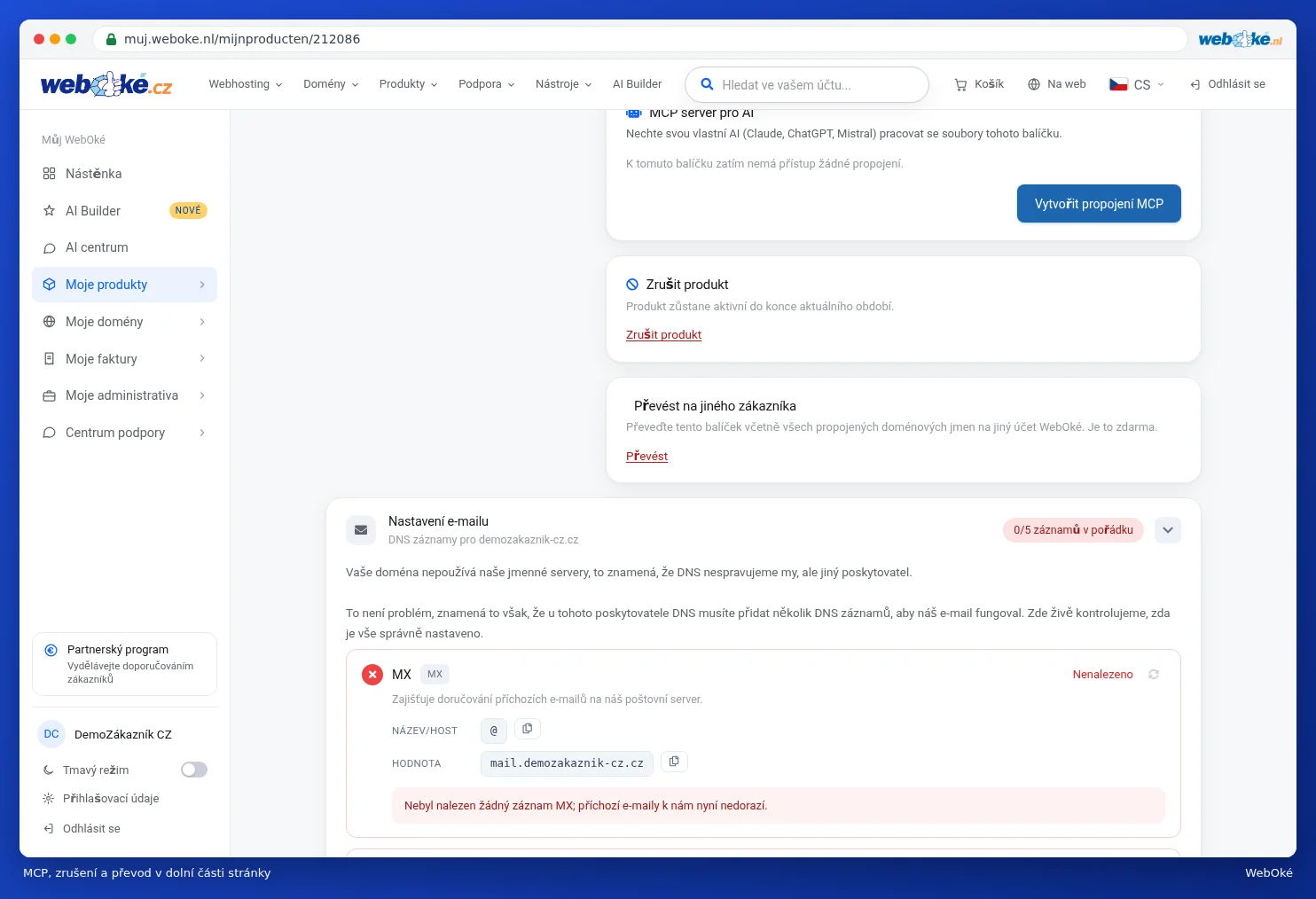 Karty MCP server pro AI, Zrušit produkt a Převést na jiného zákazníka