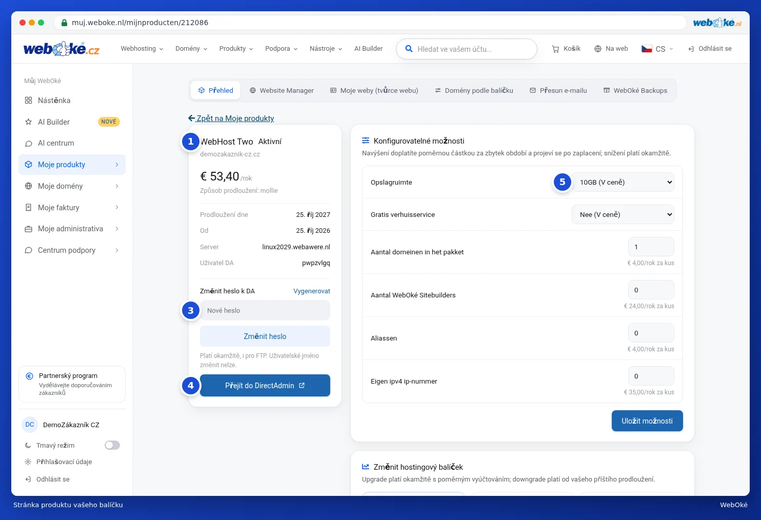Stránka produktu WebHost Two s údaji o balíčku vlevo a konfigurovatelnými možnostmi vpravo