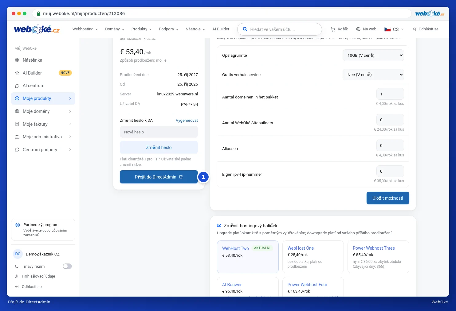 Tlačítko Přejít do DirectAdmin na stránce produktu